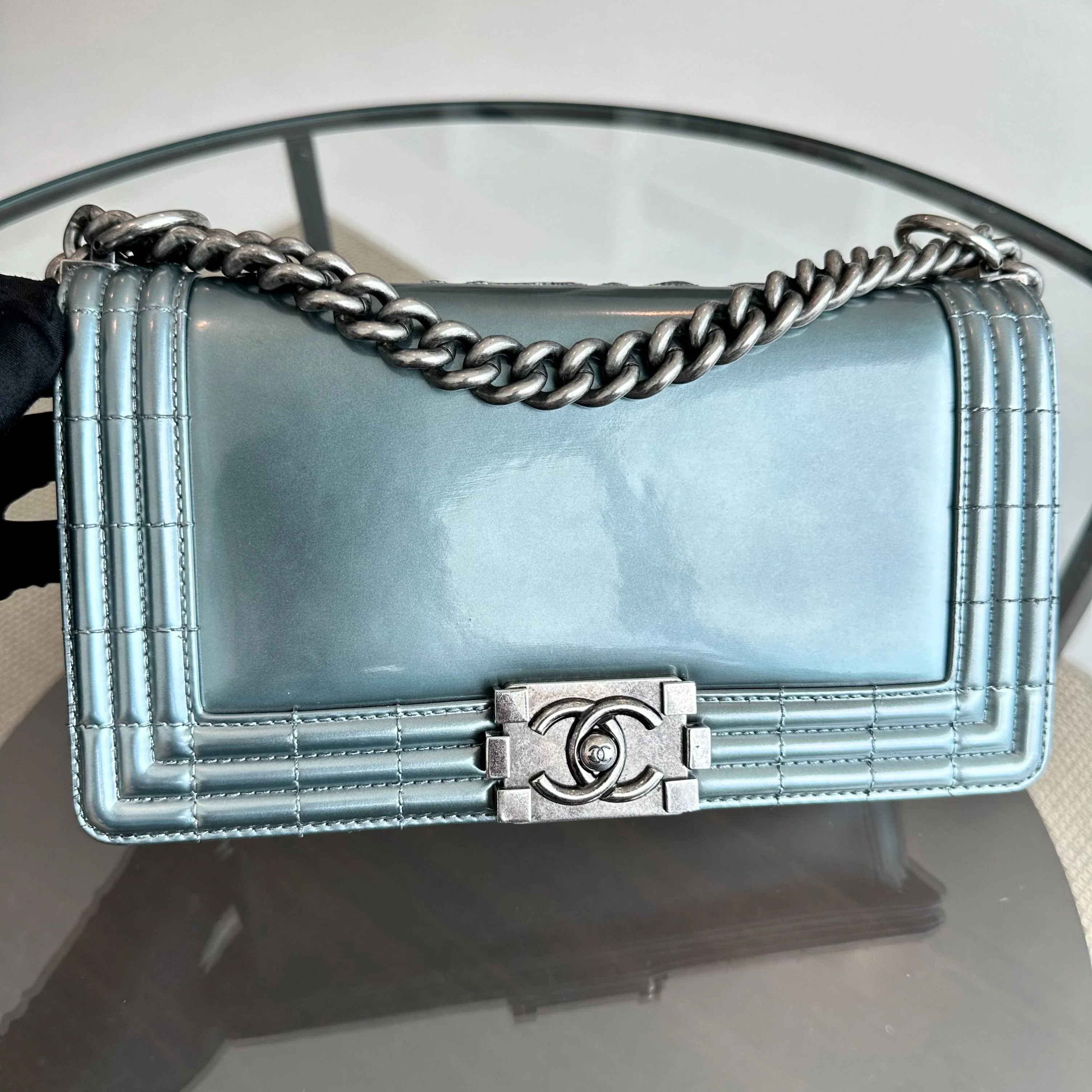Chanel Boy Old Medium 25CM Glazed Calfskin Patent Leather Light Blue SHW No 16 - Best Luxury Designers