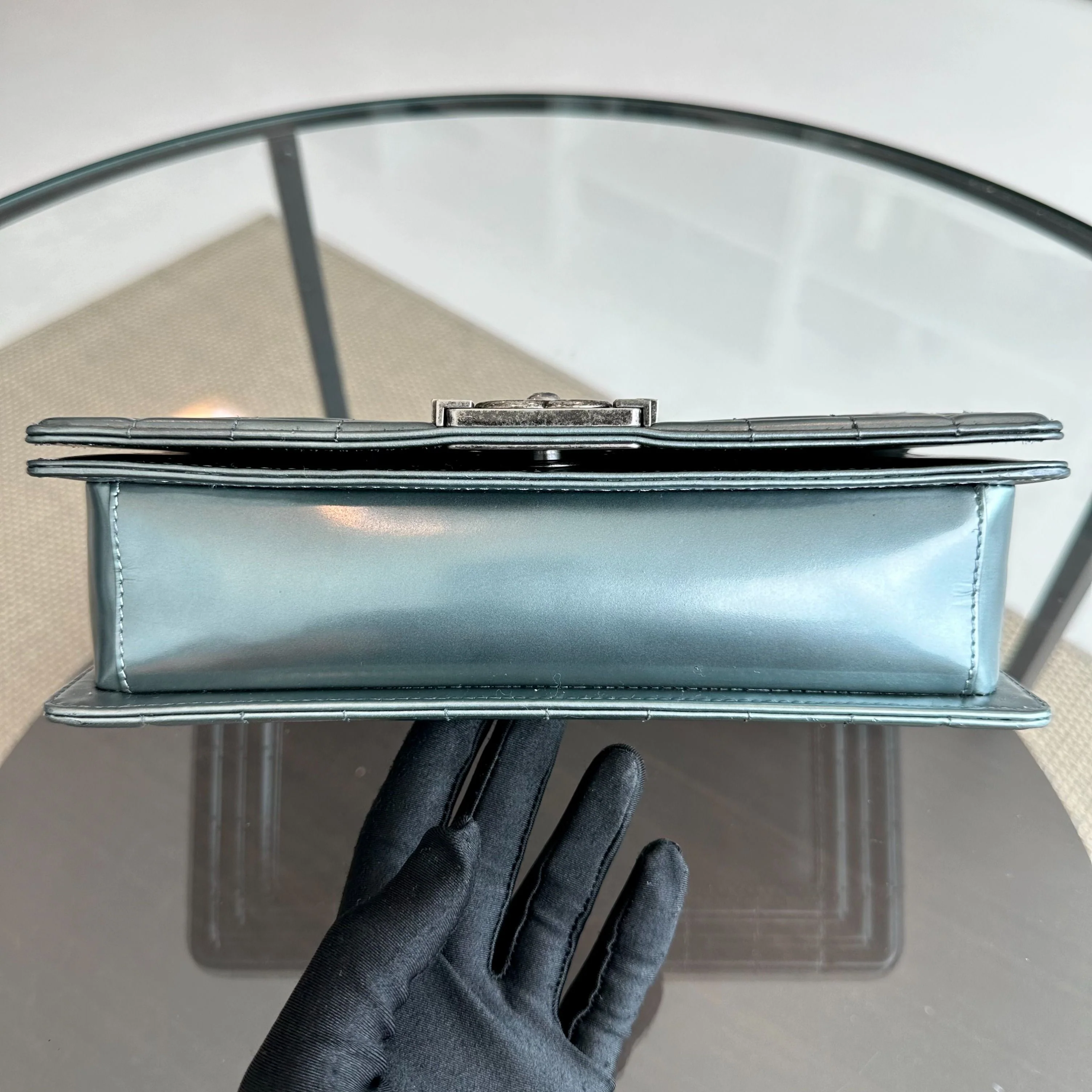 Chanel Boy Old Medium 25CM Glazed Calfskin Patent Leather Light Blue SHW No 16 - Best Luxury Designers