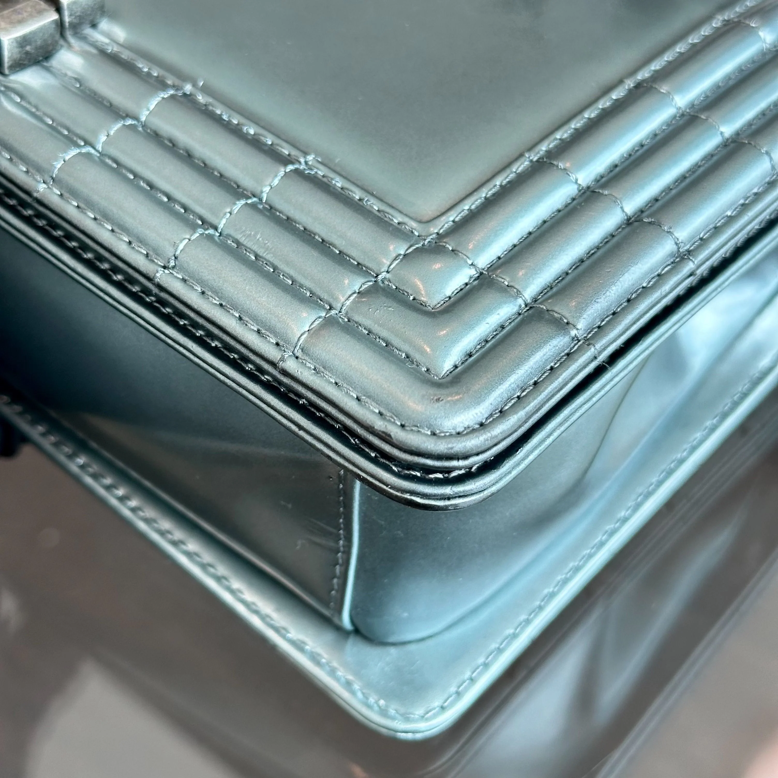 Chanel Boy Old Medium 25CM Glazed Calfskin Patent Leather Light Blue SHW No 16 - Best Luxury Designers