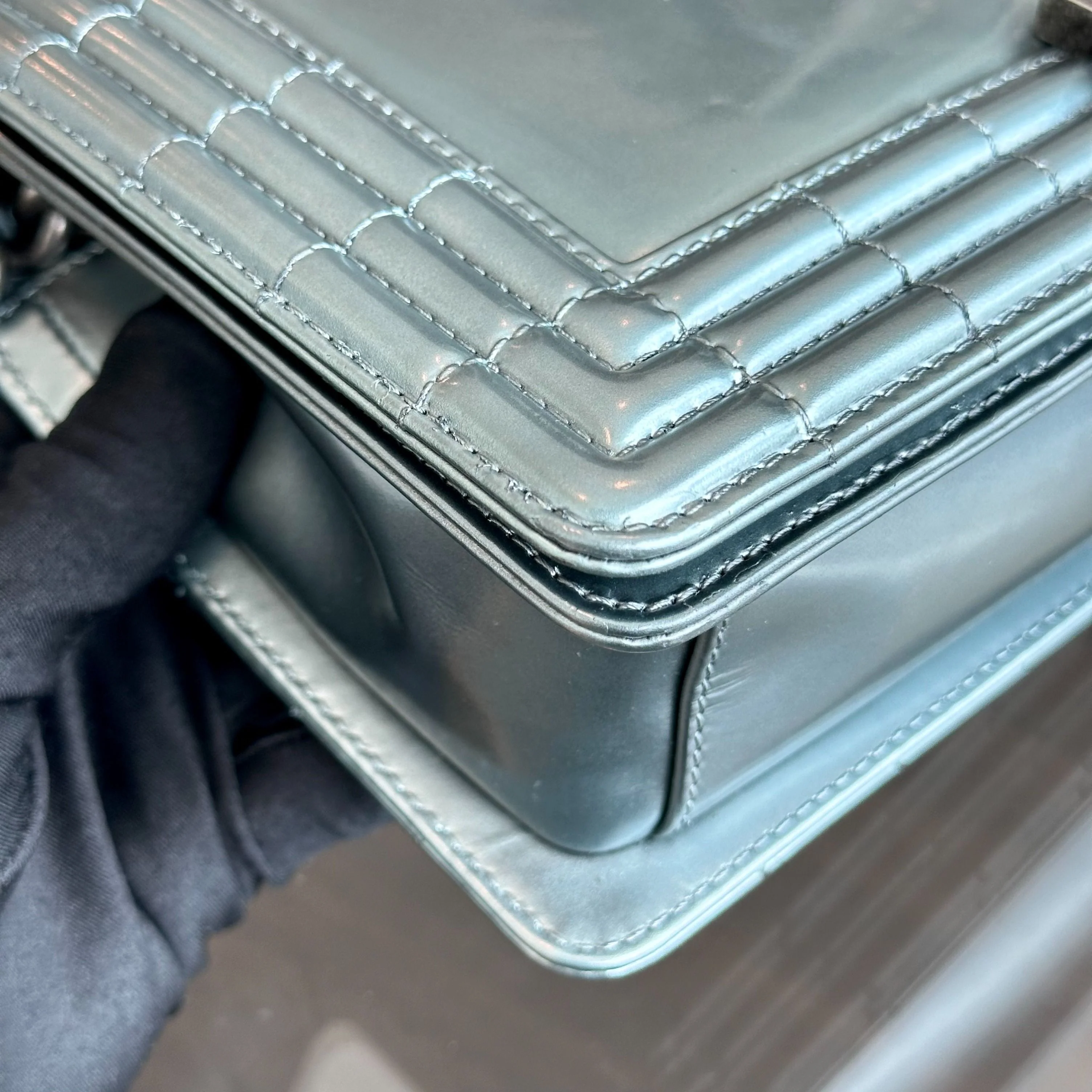 Chanel Boy Old Medium 25CM Glazed Calfskin Patent Leather Light Blue SHW No 16 - Best Luxury Designers