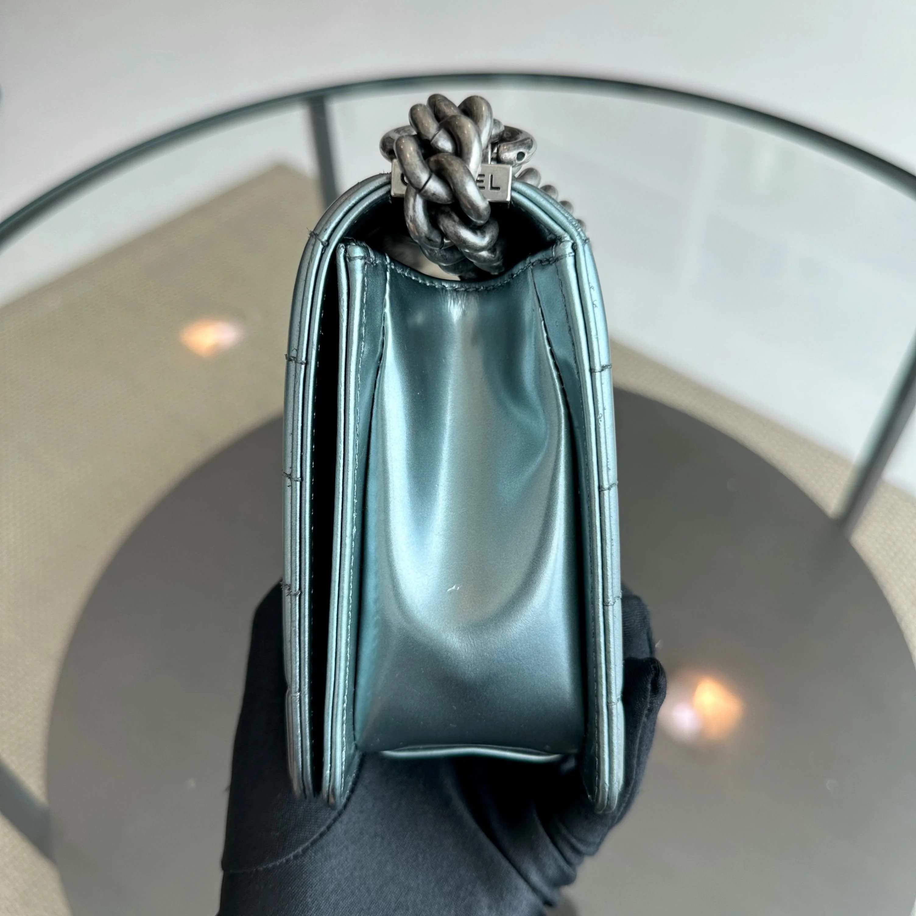 Chanel Boy Old Medium 25CM Glazed Calfskin Patent Leather Light Blue SHW No 16 - Best Luxury Designers