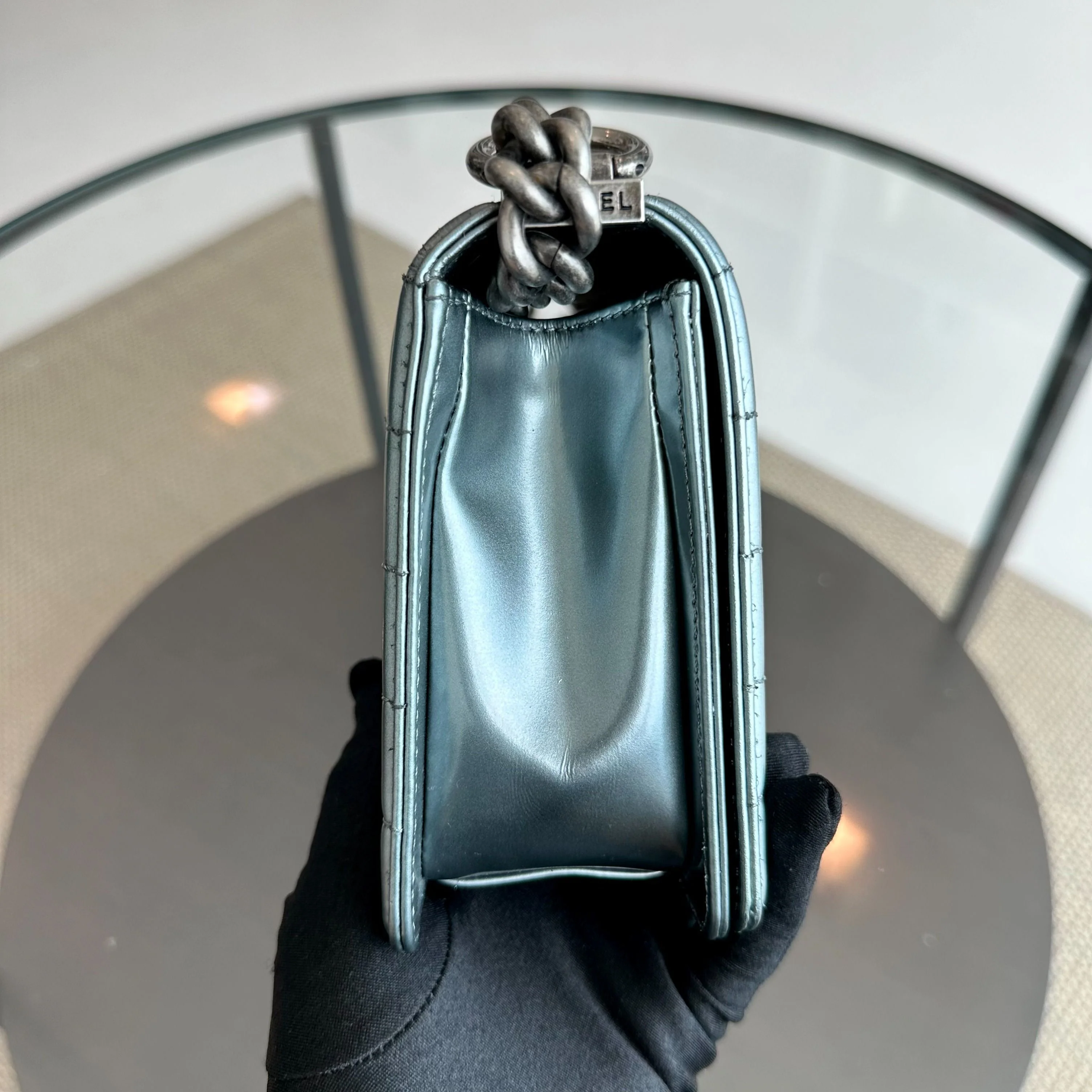 Chanel Boy Old Medium 25CM Glazed Calfskin Patent Leather Light Blue SHW No 16 - Best Luxury Designers