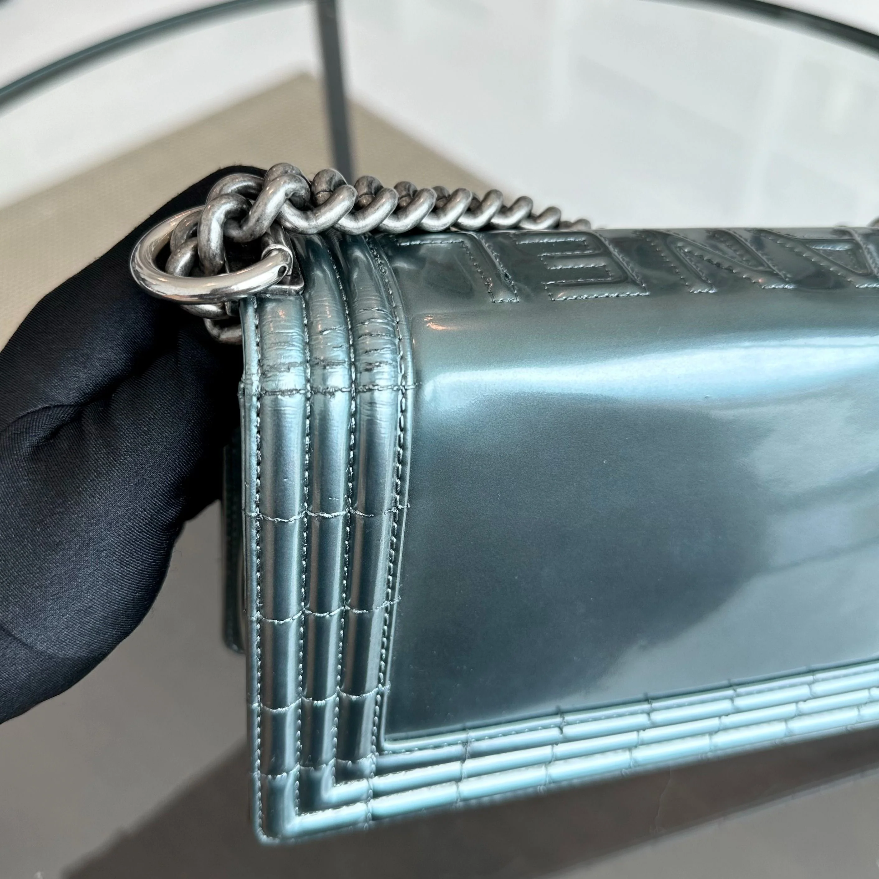 Chanel Boy Old Medium 25CM Glazed Calfskin Patent Leather Light Blue SHW No 16 - Best Luxury Designers