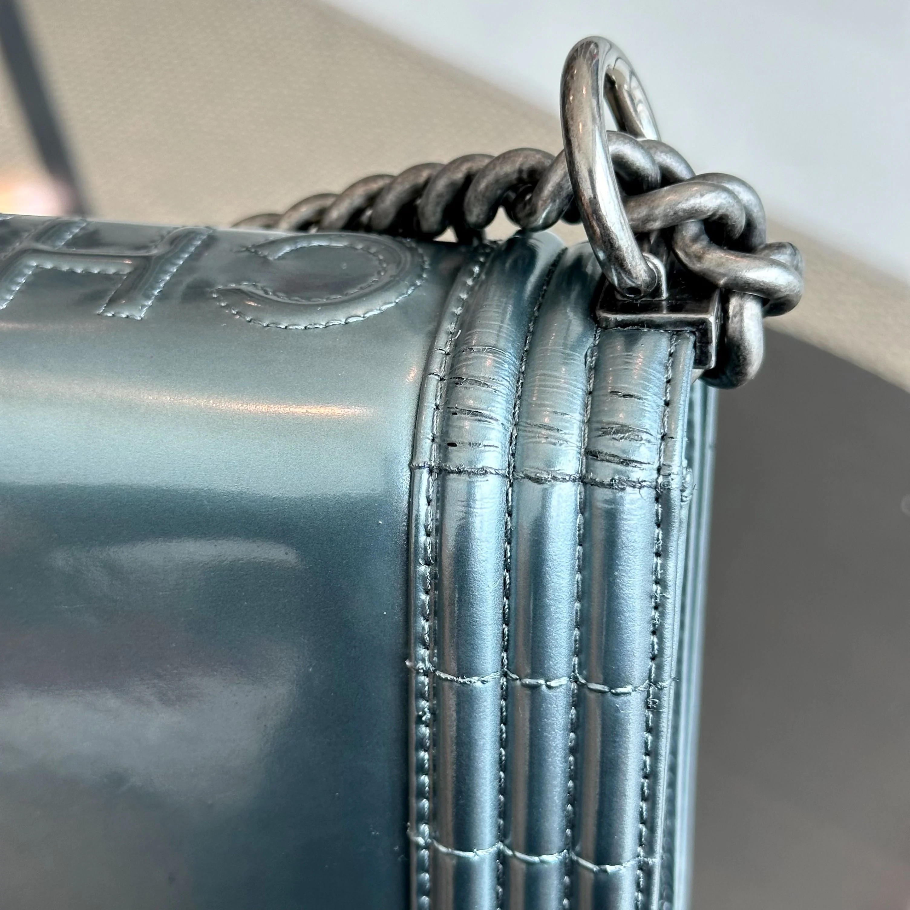 Chanel Boy Old Medium 25CM Glazed Calfskin Patent Leather Light Blue SHW No 16 - Best Luxury Designers