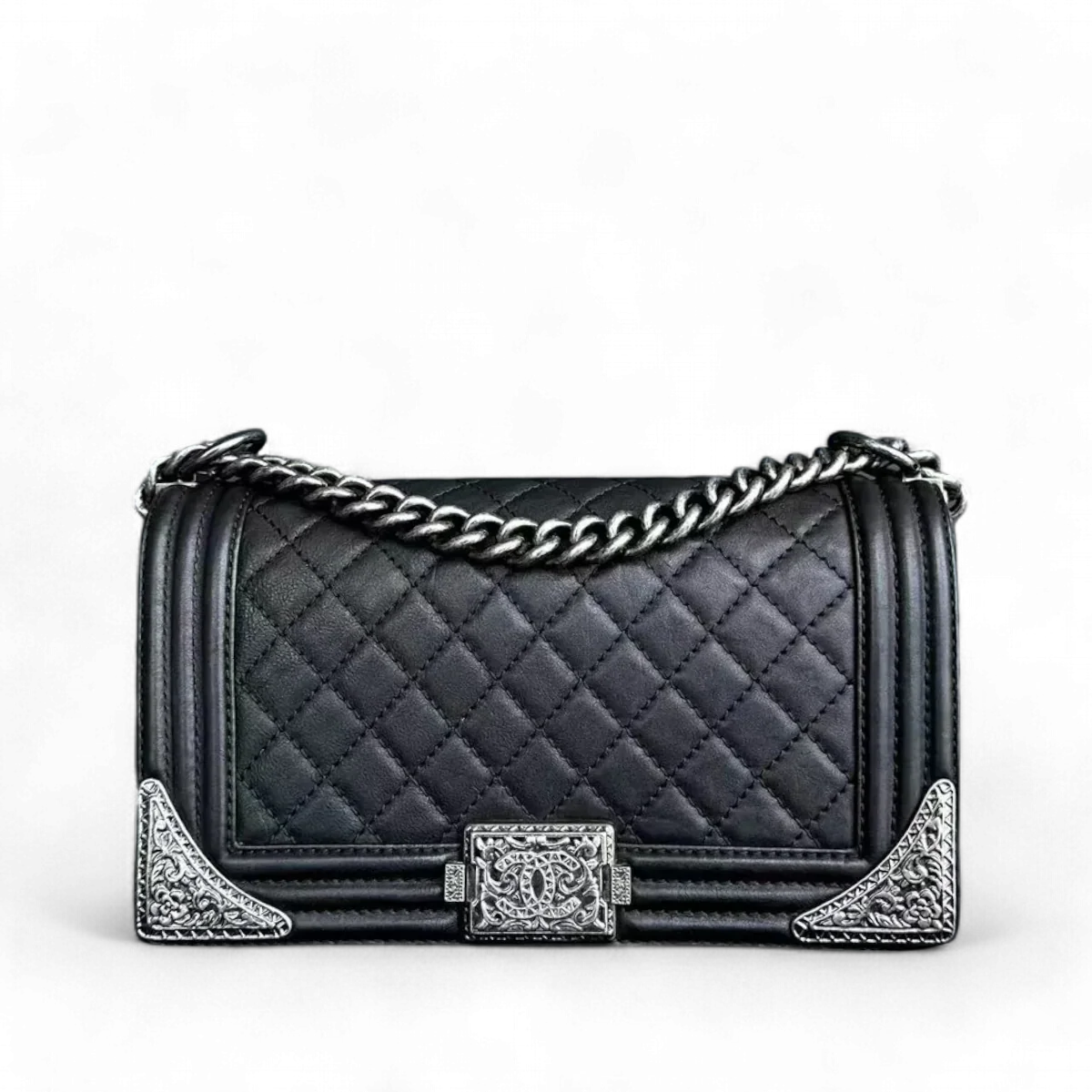 Chanel Boy Medium - 25CM Paris-Dallas Metal Edge Grained Calfskin Black Silver Hardware Series 19