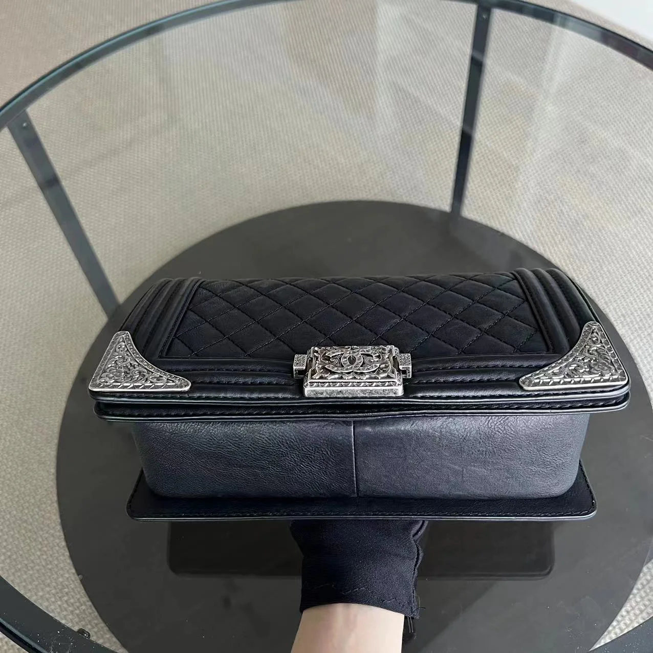 Chanel Boy Old Medium 25CM Paris-Dallas Metal Edge Grained Calfskin Black Silver Hardware Series 19 - Best Luxury Designers
