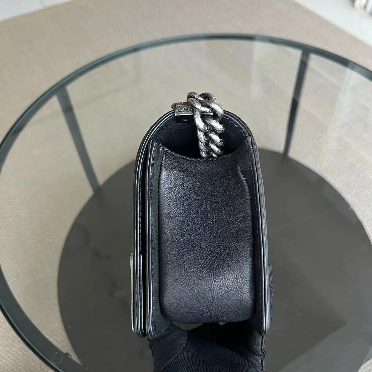 Chanel Boy Old Medium 25CM Paris-Dallas Metal Edge Grained Calfskin Black Silver Hardware Series 19 - Best Luxury Designers