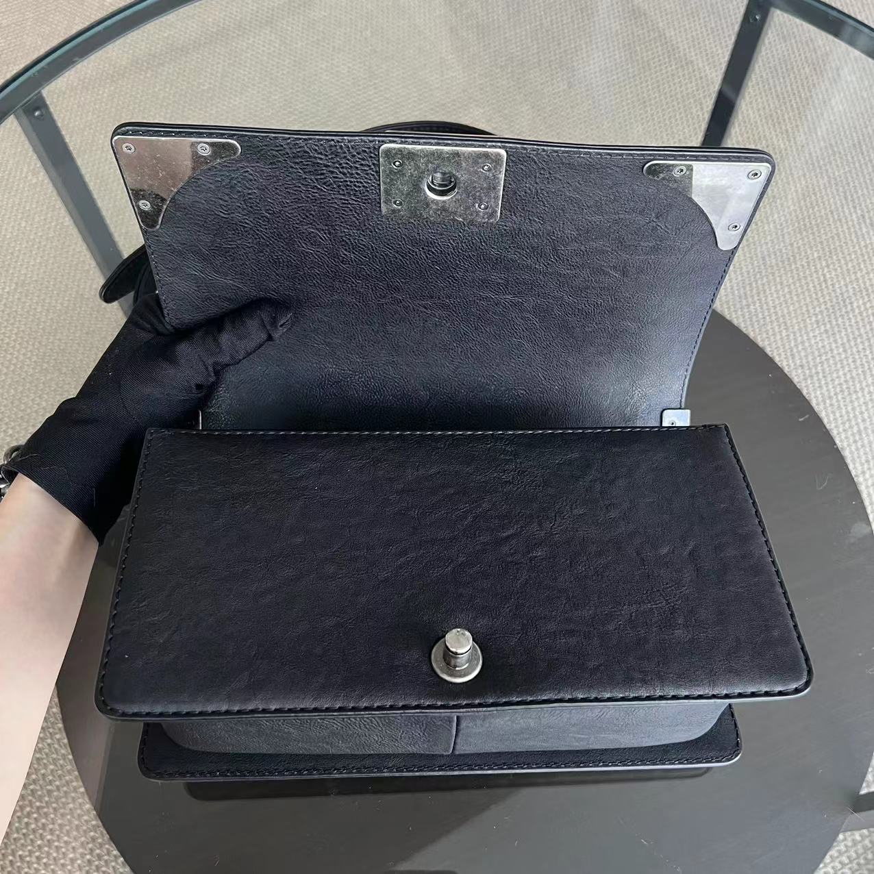 Chanel Boy Old Medium 25CM Paris-Dallas Metal Edge Grained Calfskin Black Silver Hardware Series 19 - Best Luxury Designers