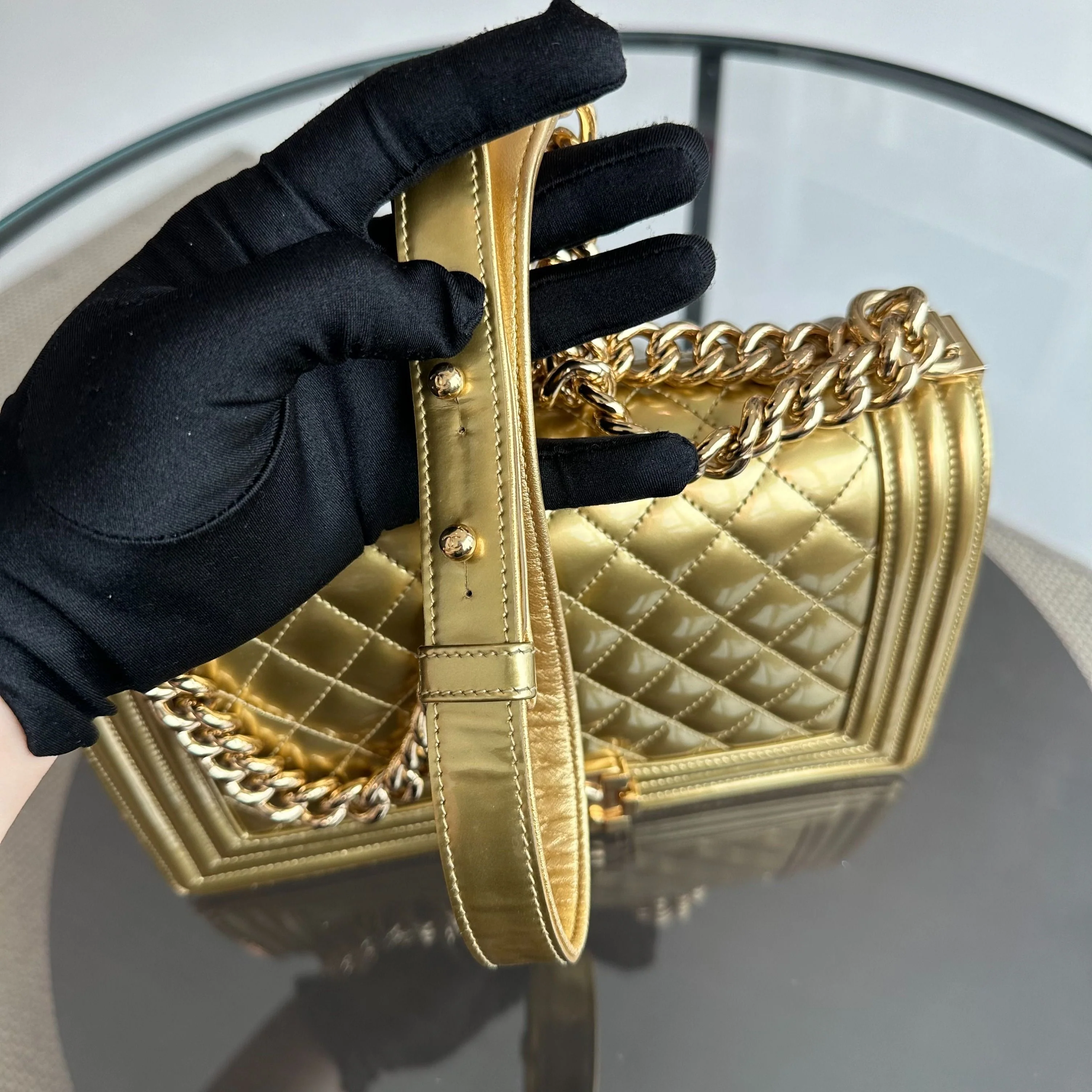 Chanel Boy Old Medium 25cm Patent Leather Gold GHW No 19 - Best Luxury Designers