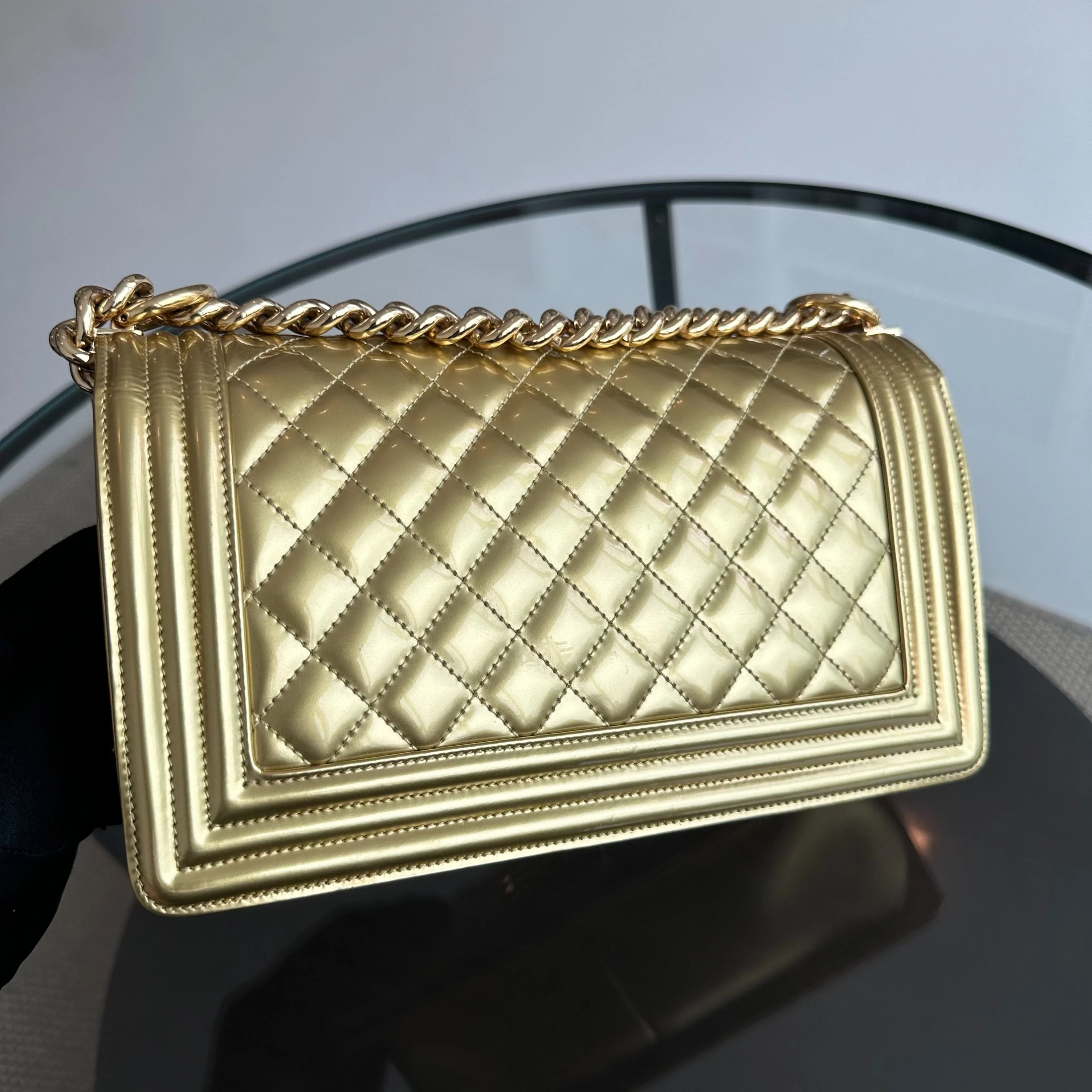 Chanel Boy Old Medium 25cm Patent Leather Gold GHW No 19 - Best Luxury Designers