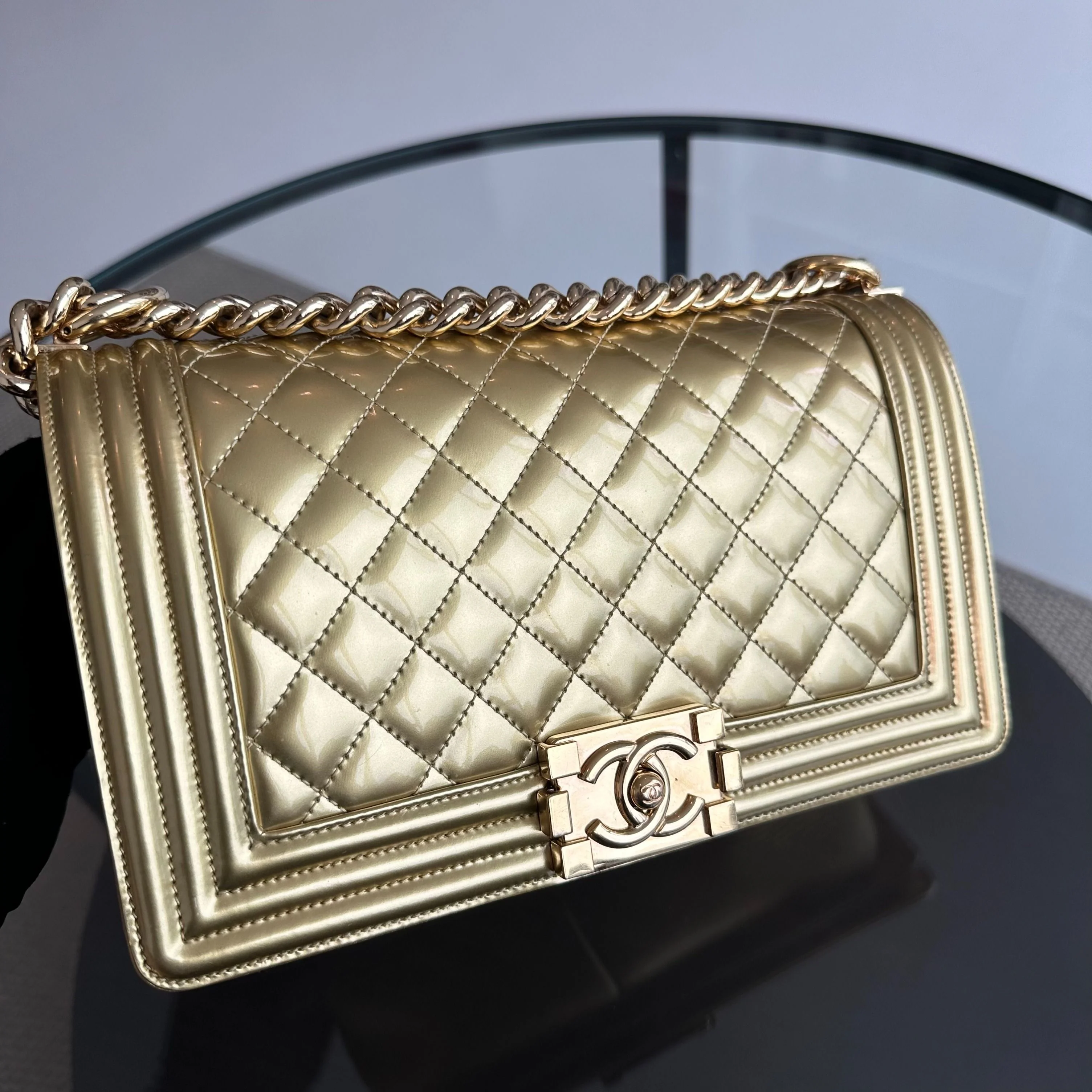 Chanel Boy Old Medium 25cm Patent Leather Gold GHW No 19 - Best Luxury Designers