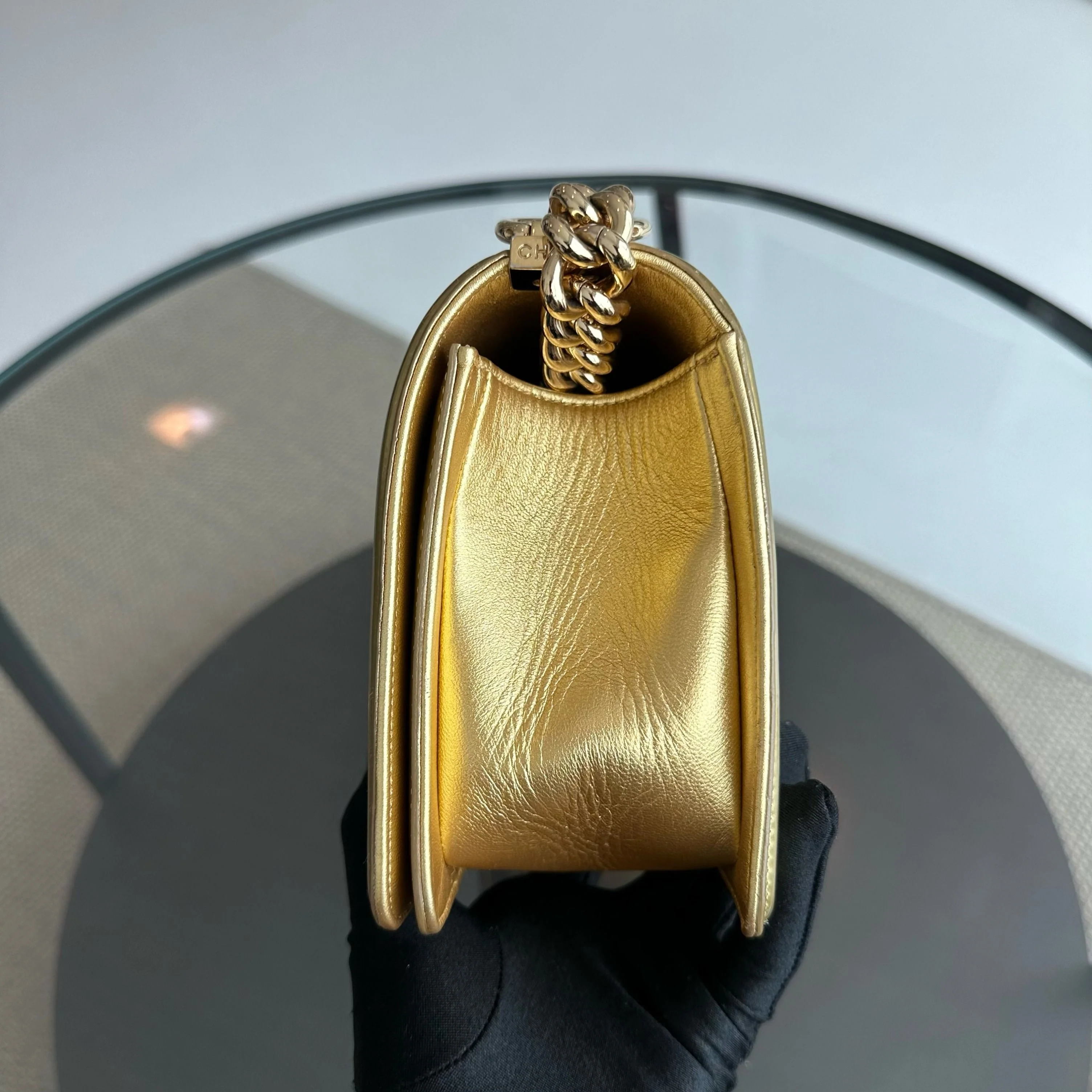 Chanel Boy Old Medium 25cm Patent Leather Gold GHW No 19 - Best Luxury Designers