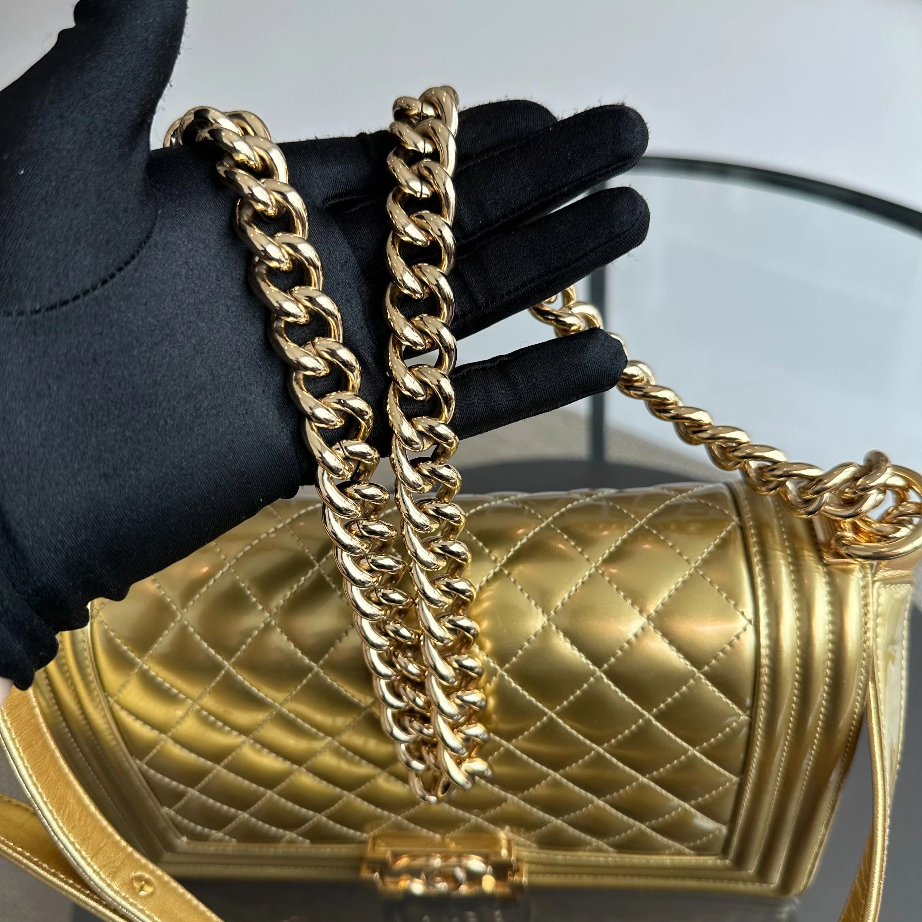 Chanel Boy Old Medium 25cm Patent Leather Gold GHW No 19 - Best Luxury Designers