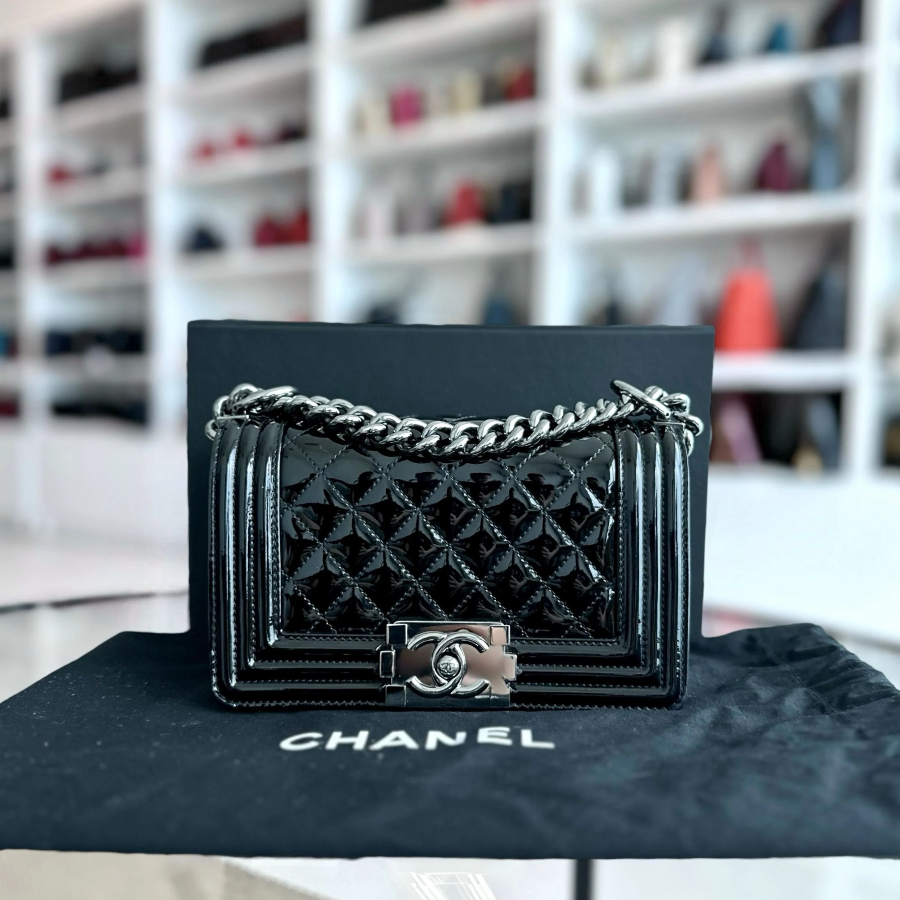 Chanel Boy Small 20CM Quilted Patent Leather Leboy Black SHW No 19 - Best Luxury Designers