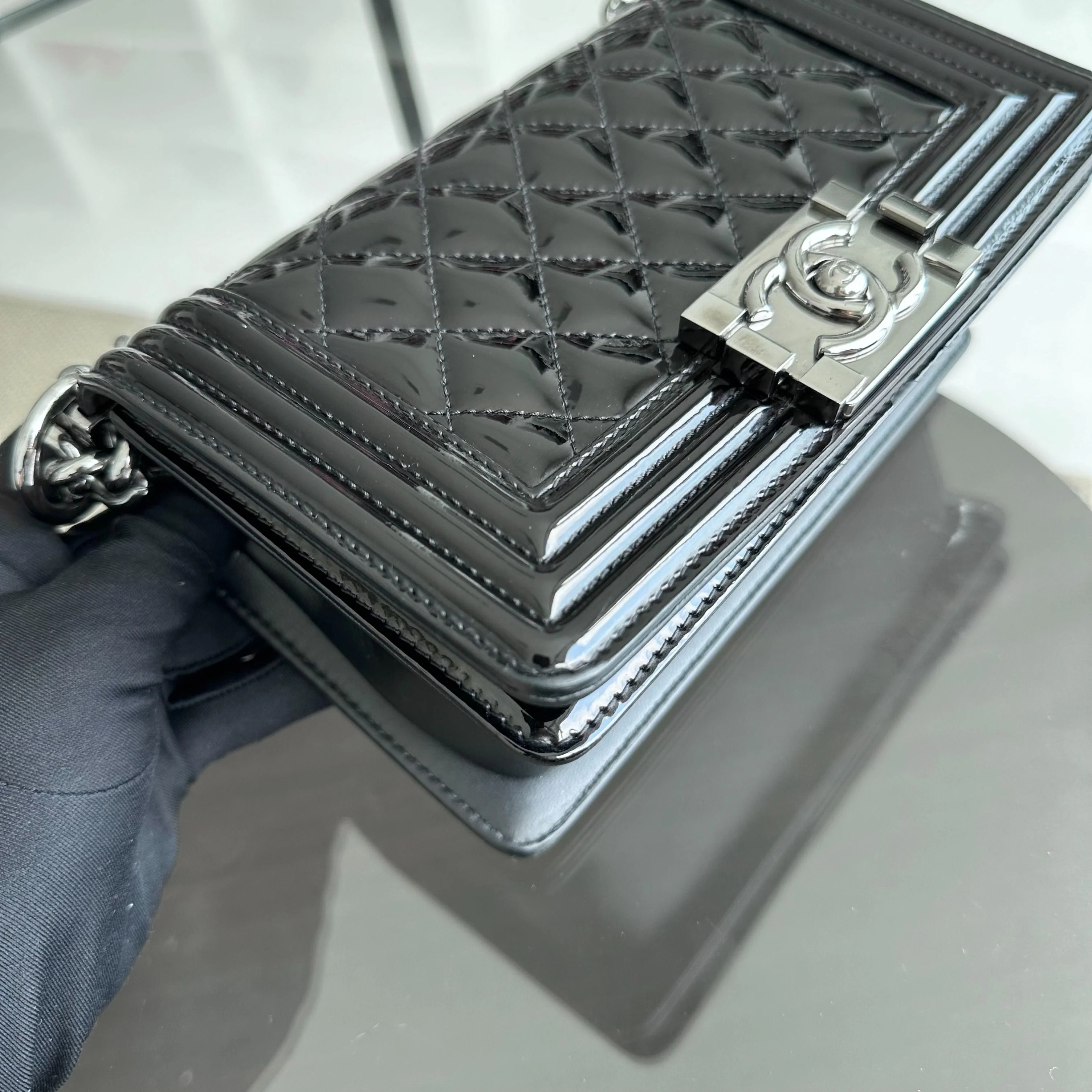 Chanel Boy Small 20CM Quilted Patent Leather Leboy Black SHW No 19 - Best Luxury Designers