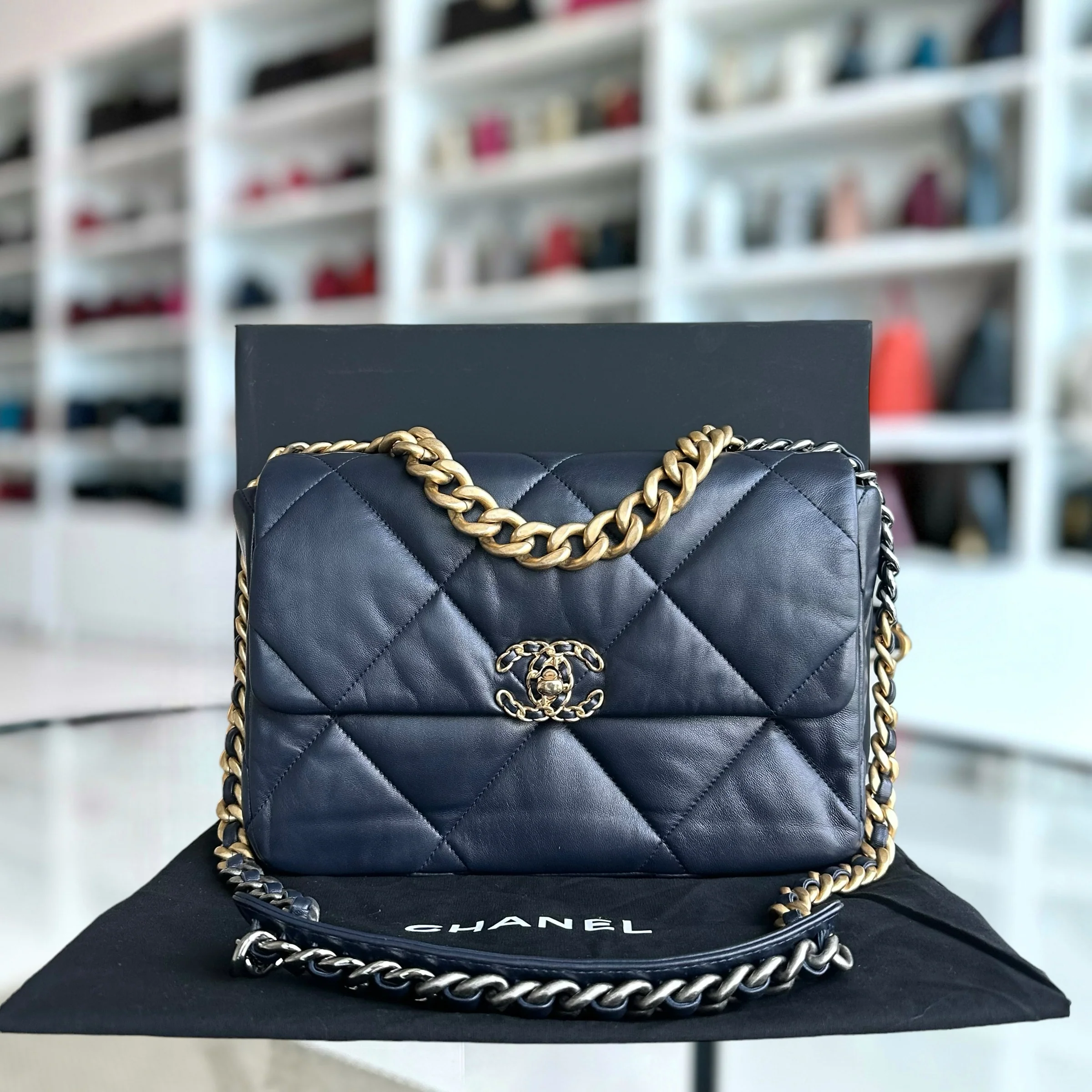 Chanel C19 Medium 19 Bag Quilted Goatskin Midnight Dark Blue Two-Tone Golden Hardware Series 30 - Best Luxury Designers