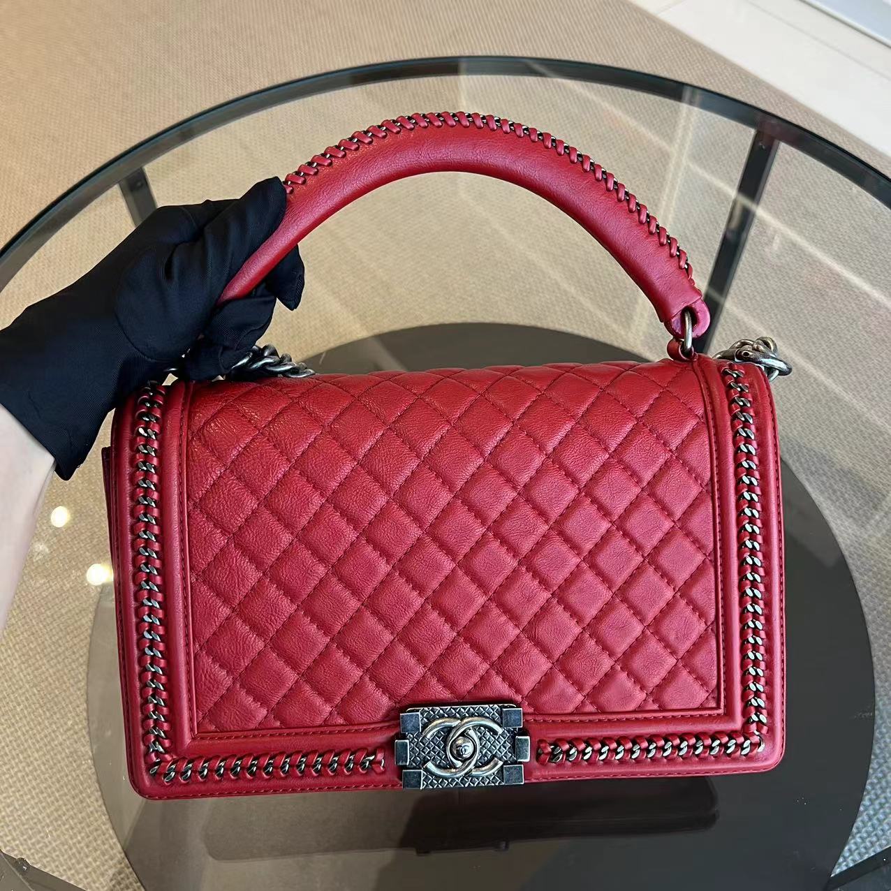 Chanel Calfskin Boy Handle New Medium 28CM Quilted Leboy Palladium Silver Hardware Series 23 - Best Luxury Designers