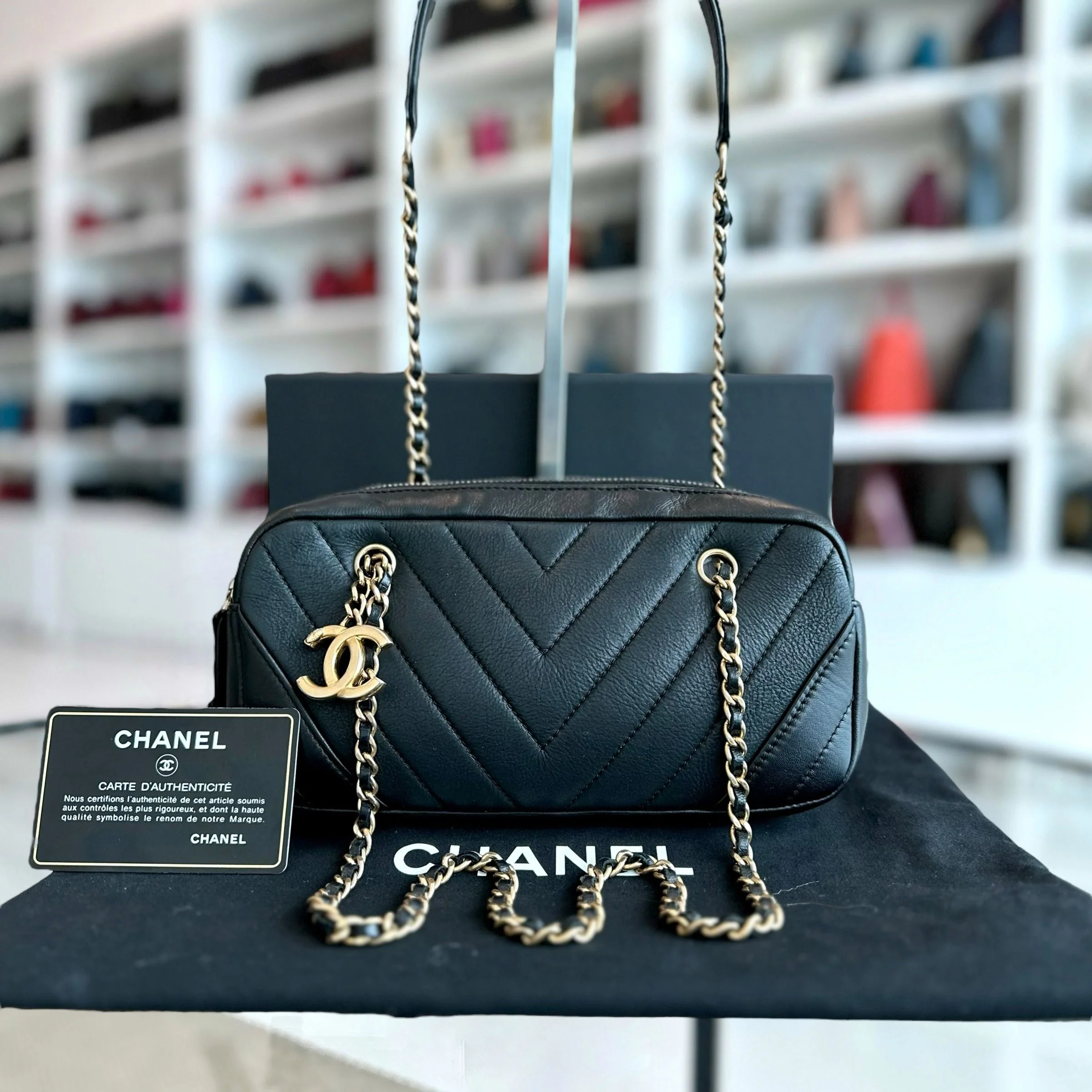 Chanel Camera Chevron Calfskin Small Black Shoulder Bag No 21 - Best Luxury Designers