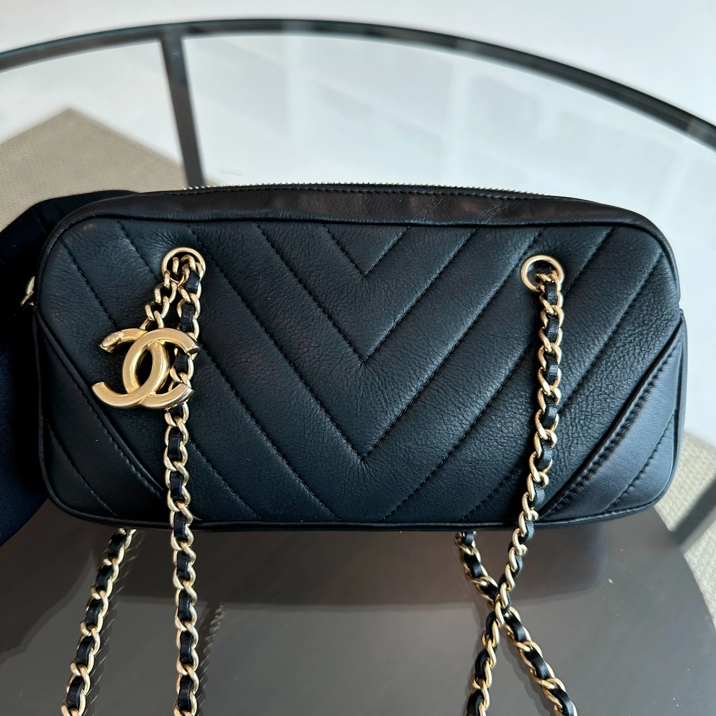 Chanel Camera Chevron Calfskin Small Black Shoulder Bag No 21 - Best Luxury Designers