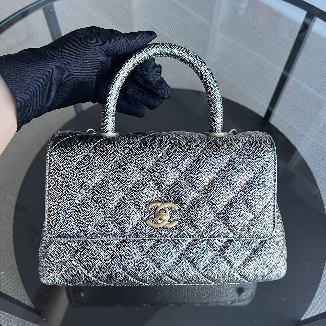 Chanel Caviar Coco Handle Small Grained Calfskin Metallic Silver Golden Hardware Series 28 - Best Luxury Designers