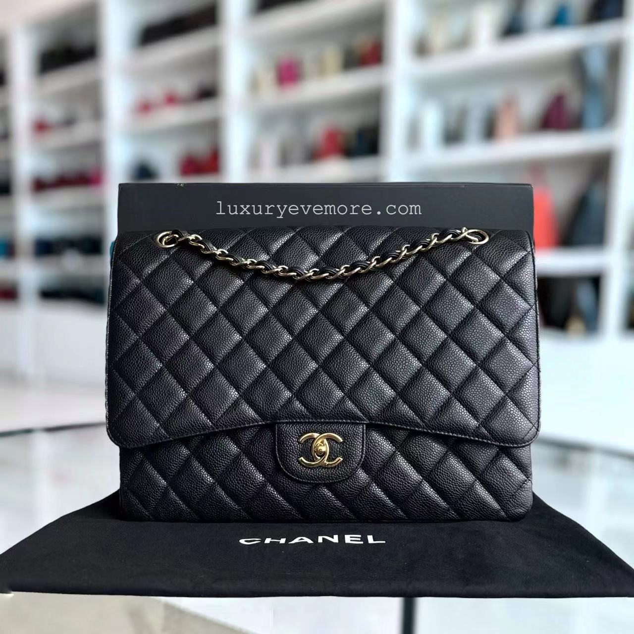 Chanel Caviar Maxi Classic Flap Single Flap Quilted Grained Calfskin Black Golden Hardware Series 13 - Best Luxury Designers
