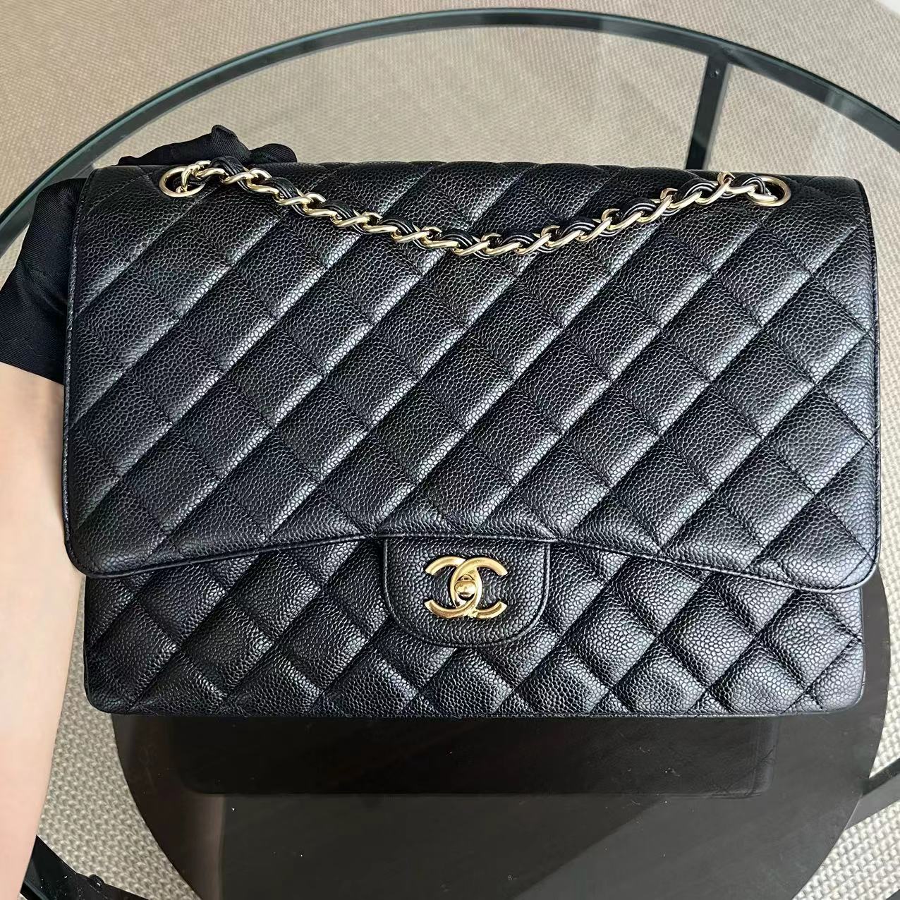 Chanel Caviar Maxi Classic Flap Single Flap Quilted Grained Calfskin Black Golden Hardware Series 13 - Best Luxury Designers
