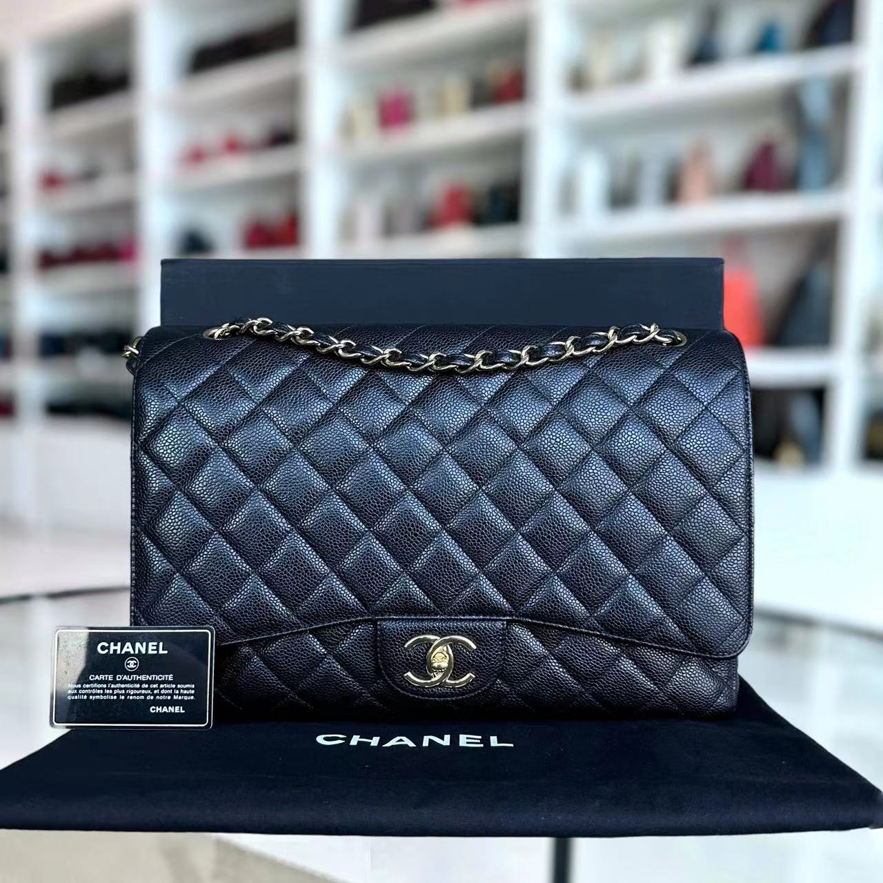 Chanel Caviar Maxi Double Flap Classic Flap 33CM Quilted Grained Calfskin Black Golden Hardware Series 14 - Best Luxury Designers