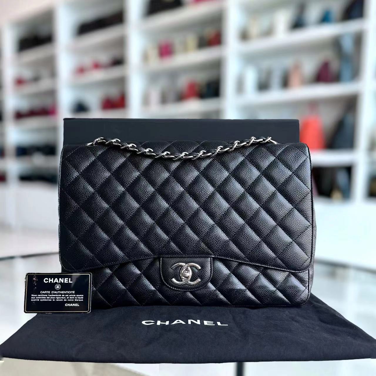 Chanel Caviar Maxi Double Flap Classic Flap 34CM Quilted Grained Calfskin Black Silver Hardware Series 14 - Best Luxury Designers