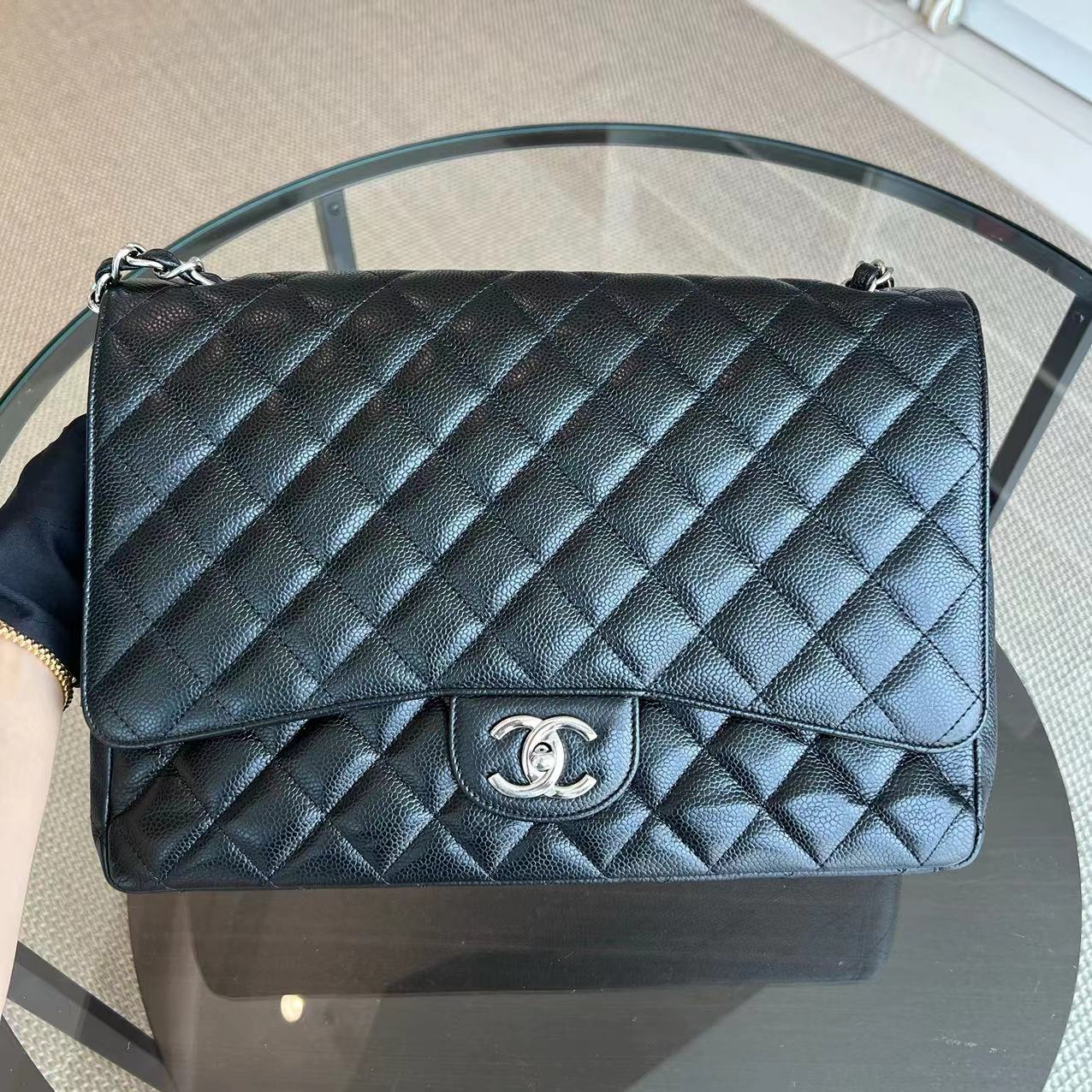Chanel Caviar Maxi Double Flap Classic Flap 34CM Quilted Grained Calfskin Black Silver Hardware Series 14 - Best Luxury Designers