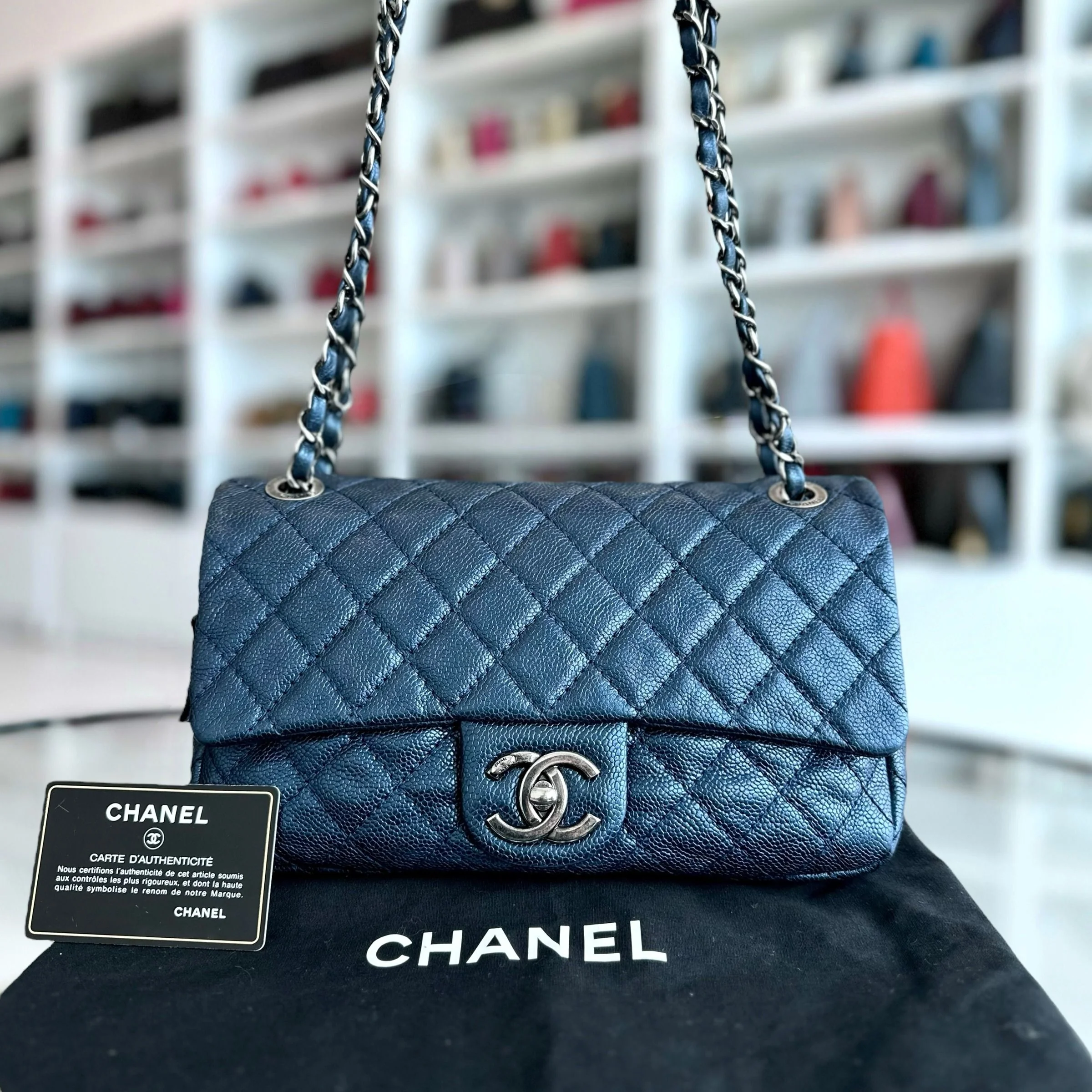 Chanel Caviar Seasonal Flap Zip Around Iridescent Dark Blue SHW No 18 - Best Luxury Designers