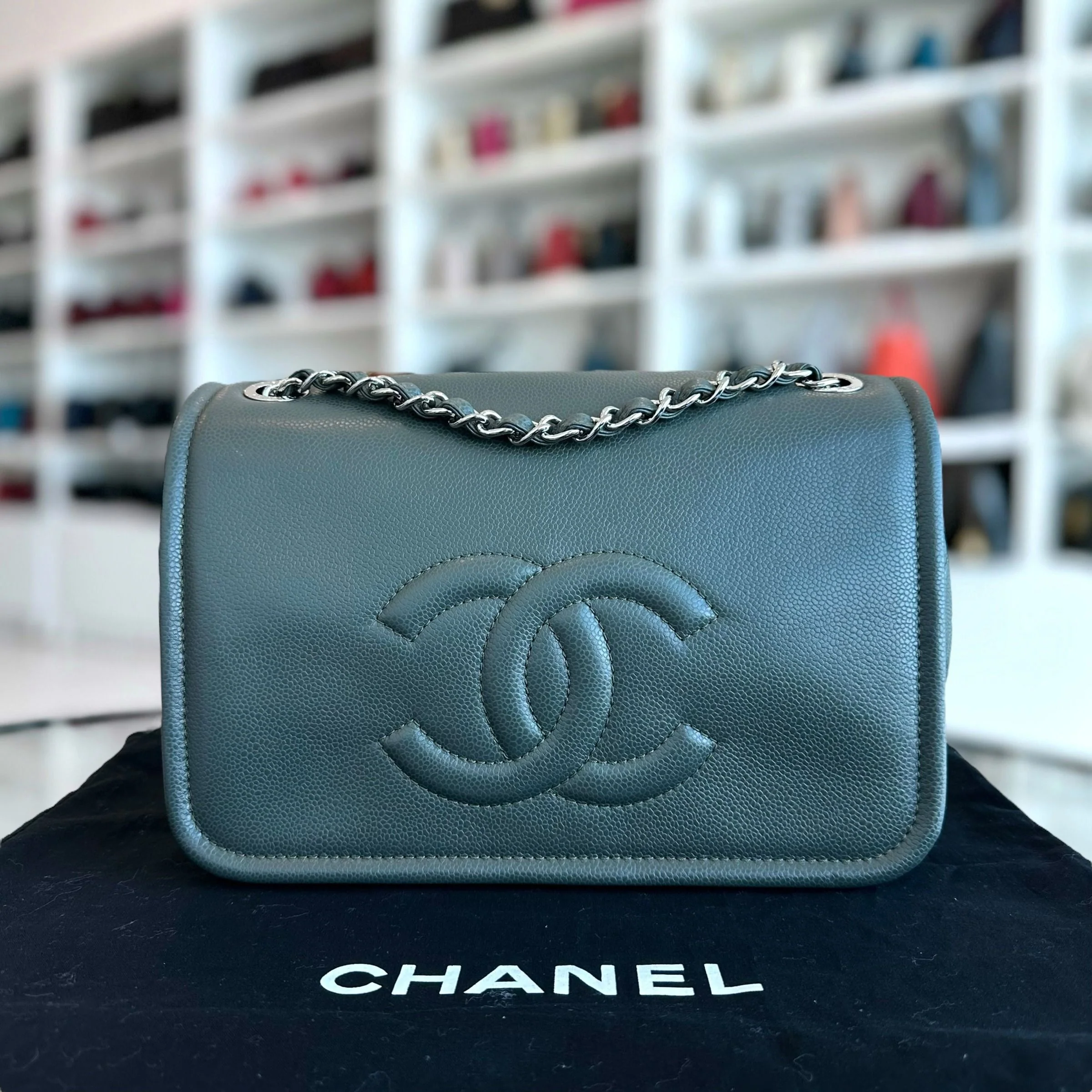 Chanel Caviar Seasonal Jumbo Timeless Double CC Flap Calfskin Green No 15 - Best Luxury Designers