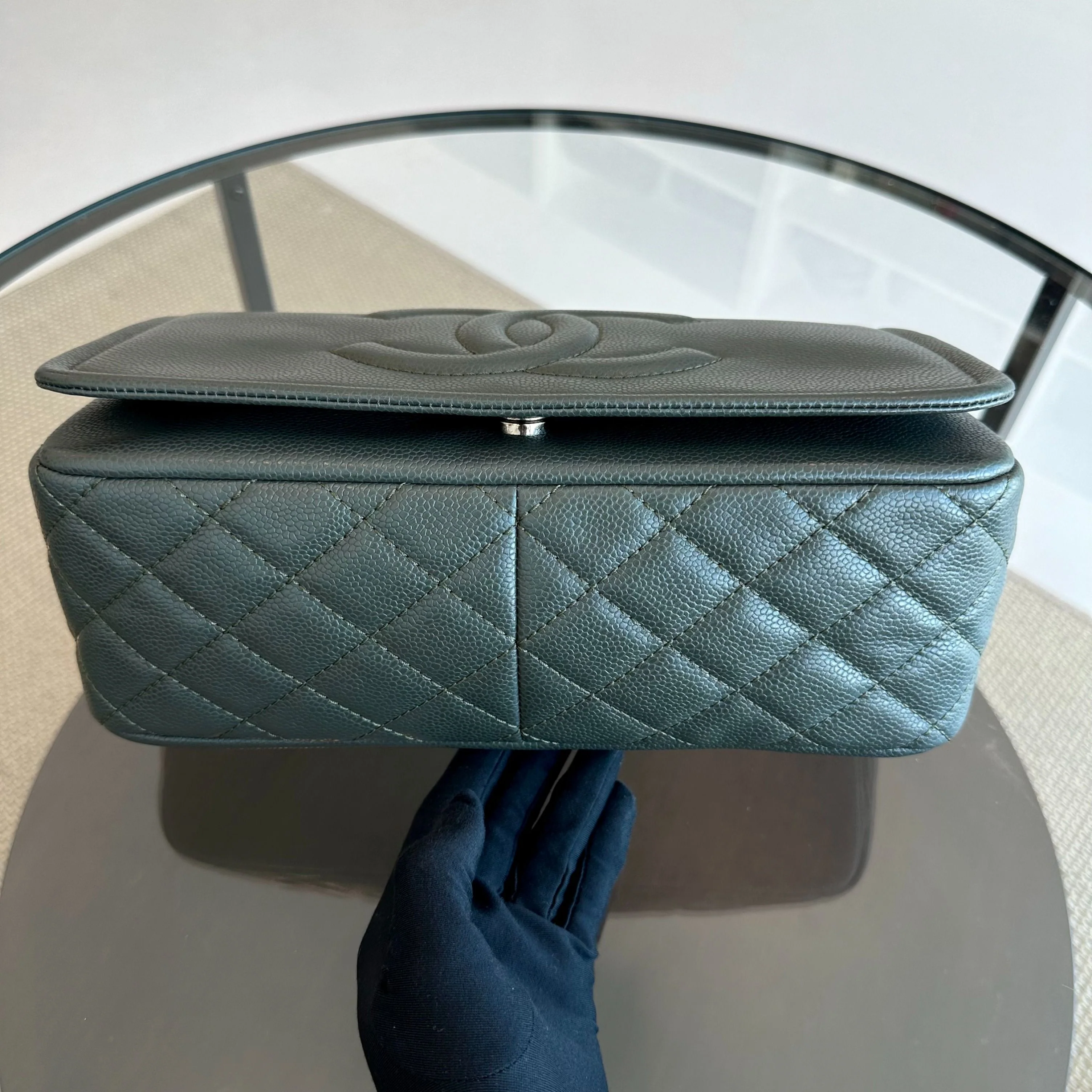 Chanel Caviar Seasonal Jumbo Timeless Double CC Flap Calfskin Green No 15 - Best Luxury Designers