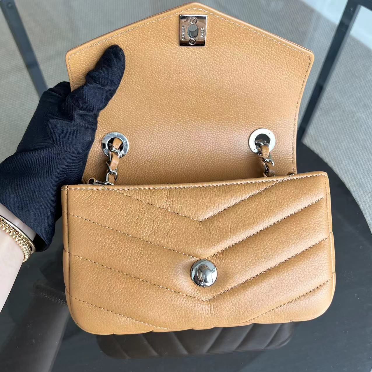 Chanel Caviar V Stitch Chevron Mini Square Seasonal Flap Calfskin Light Brown SHW No 24 - Best Luxury Designers