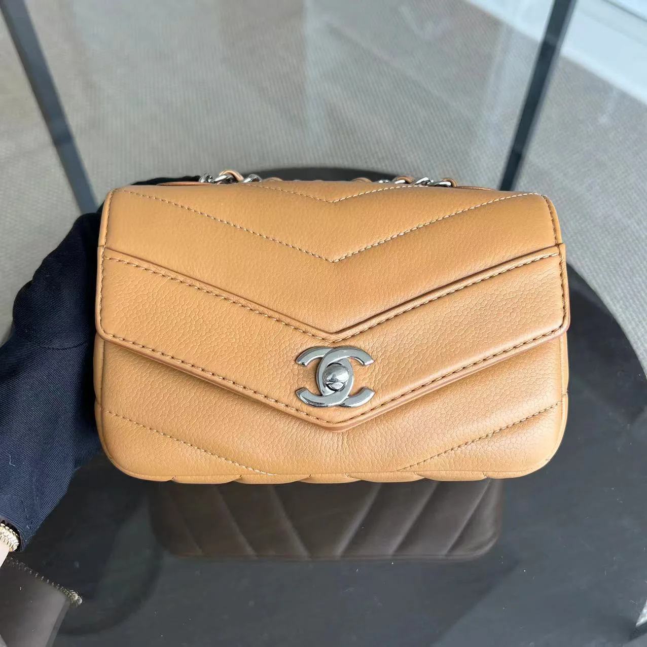 Chanel Caviar V Stitch Chevron Mini Square Seasonal Flap Calfskin Light Brown SHW No 24 - Best Luxury Designers