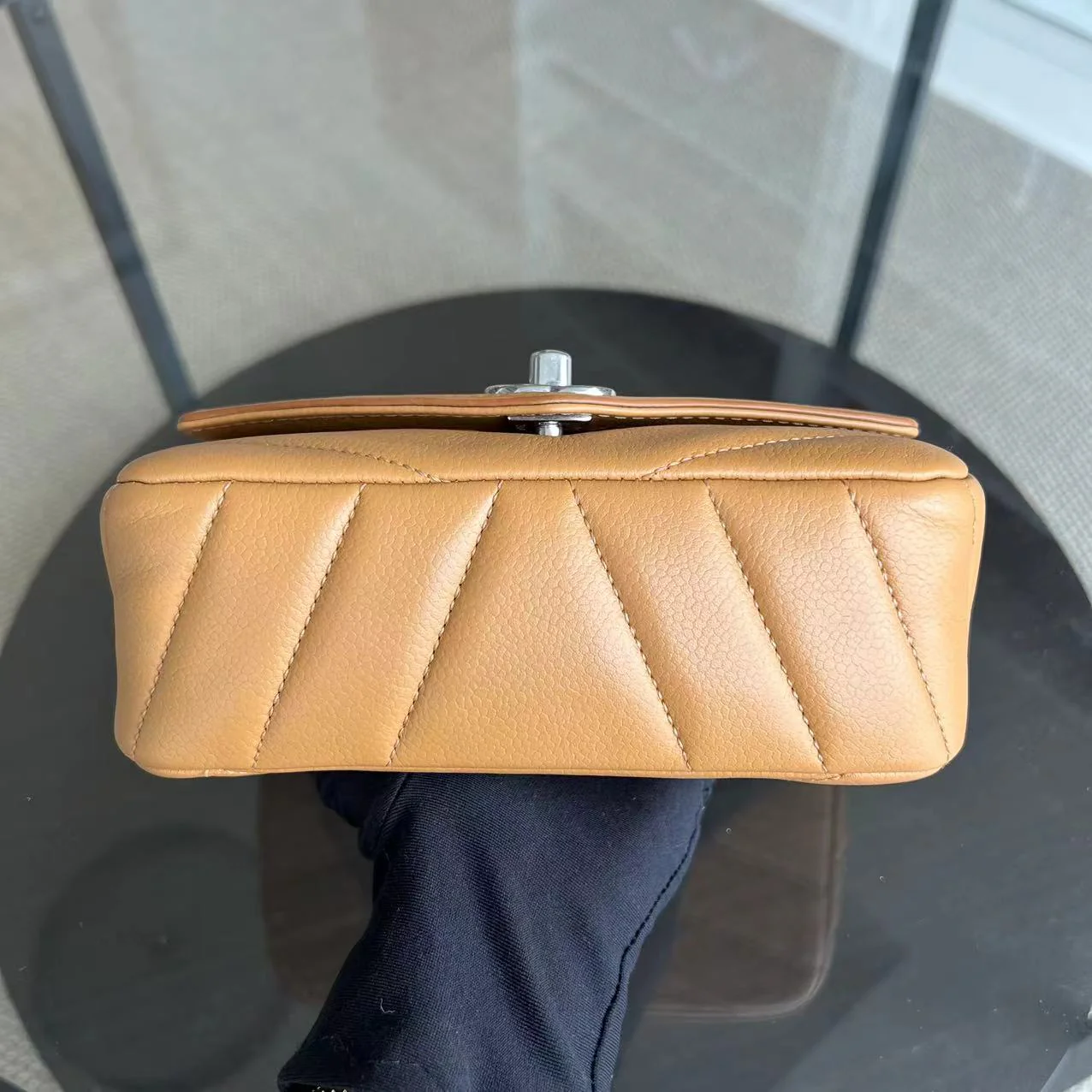 Chanel Caviar V Stitch Chevron Mini Square Seasonal Flap Calfskin Light Brown SHW No 24 - Best Luxury Designers