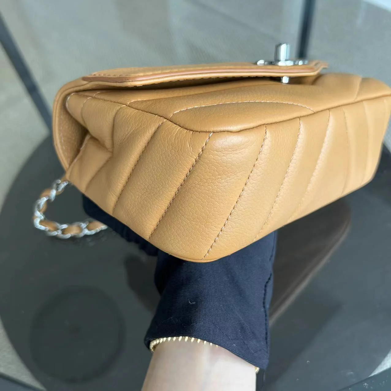 Chanel Caviar V Stitch Chevron Mini Square Seasonal Flap Calfskin Light Brown SHW No 24 - Best Luxury Designers