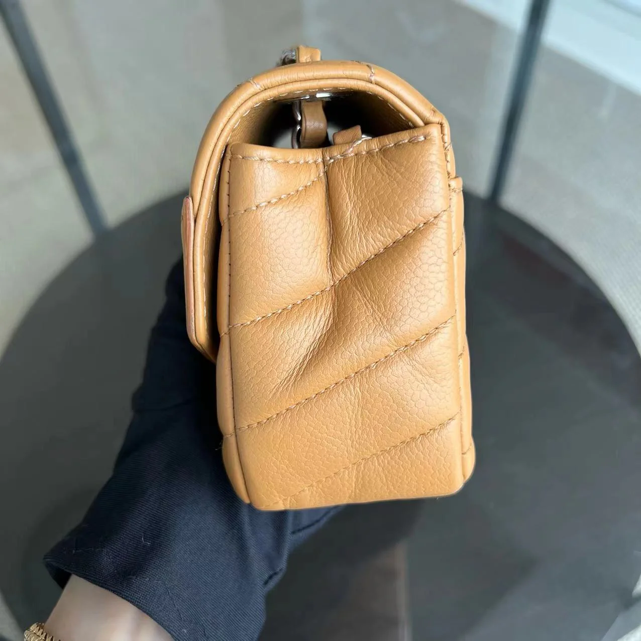 Chanel Caviar V Stitch Chevron Mini Square Seasonal Flap Calfskin Light Brown SHW No 24 - Best Luxury Designers