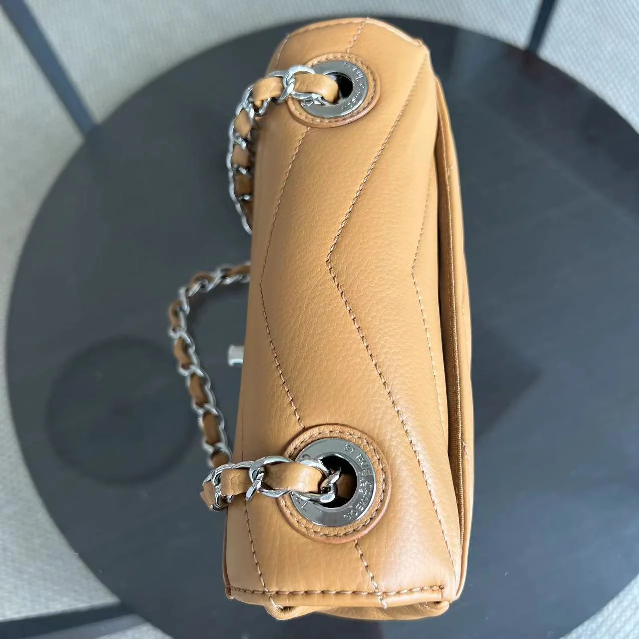 Chanel Caviar V Stitch Chevron Mini Square Seasonal Flap Calfskin Light Brown SHW No 24 - Best Luxury Designers