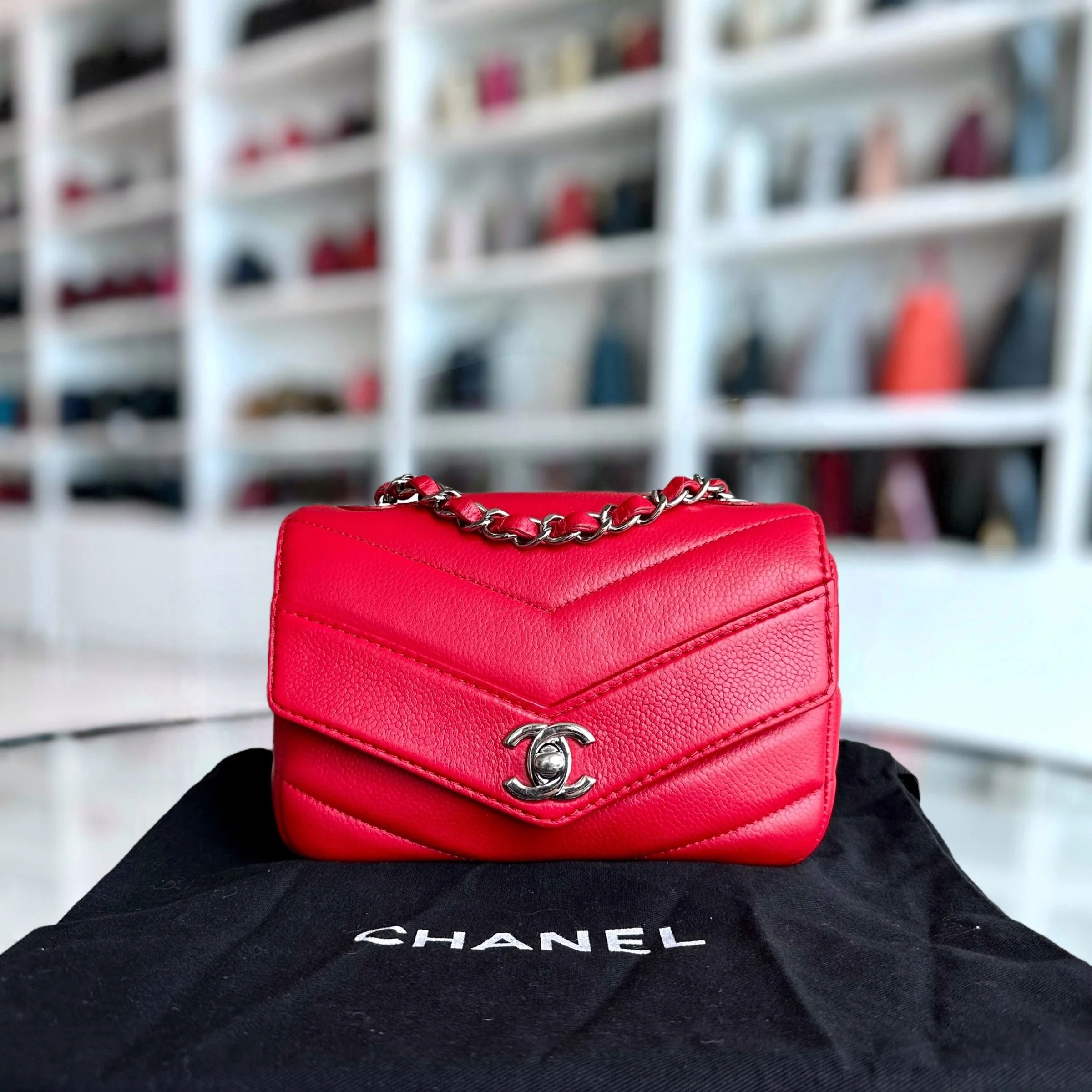 Chanel Caviar V Stitch Chevron Mini Square Seasonal Flap Red SHW No 24 - Best Luxury Designers