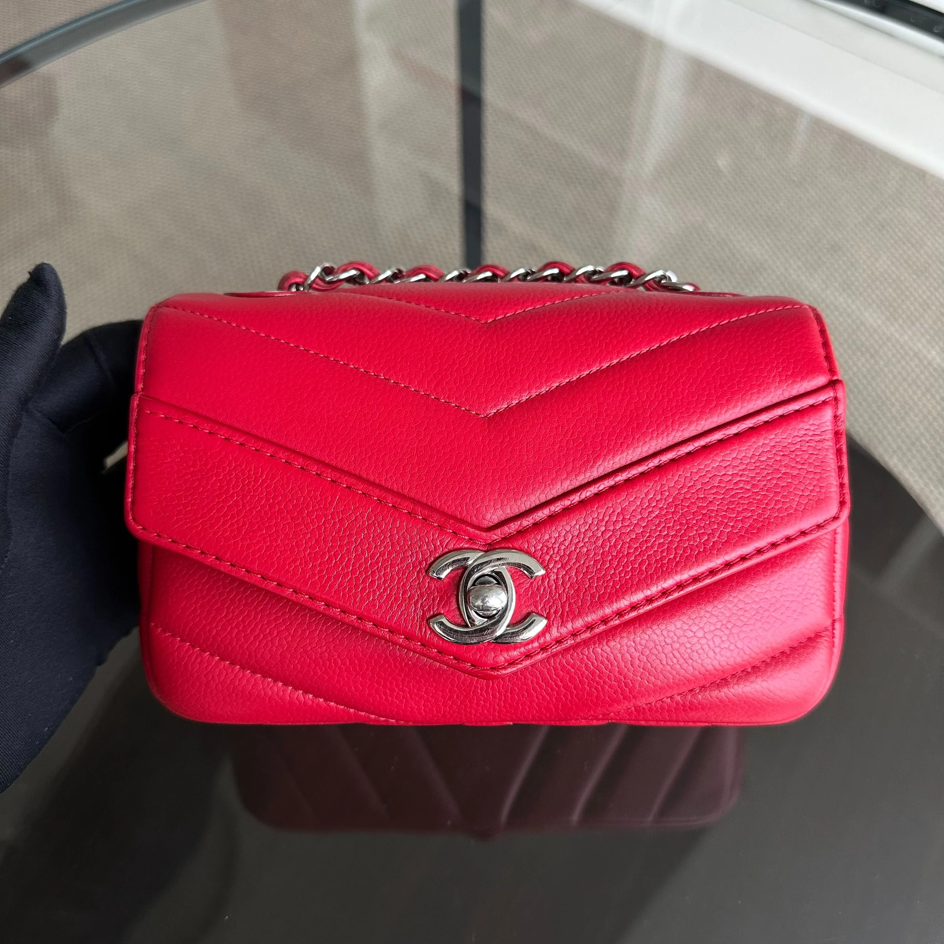 Chanel Caviar V Stitch Chevron Mini Square Seasonal Flap Red SHW No 24 - Best Luxury Designers