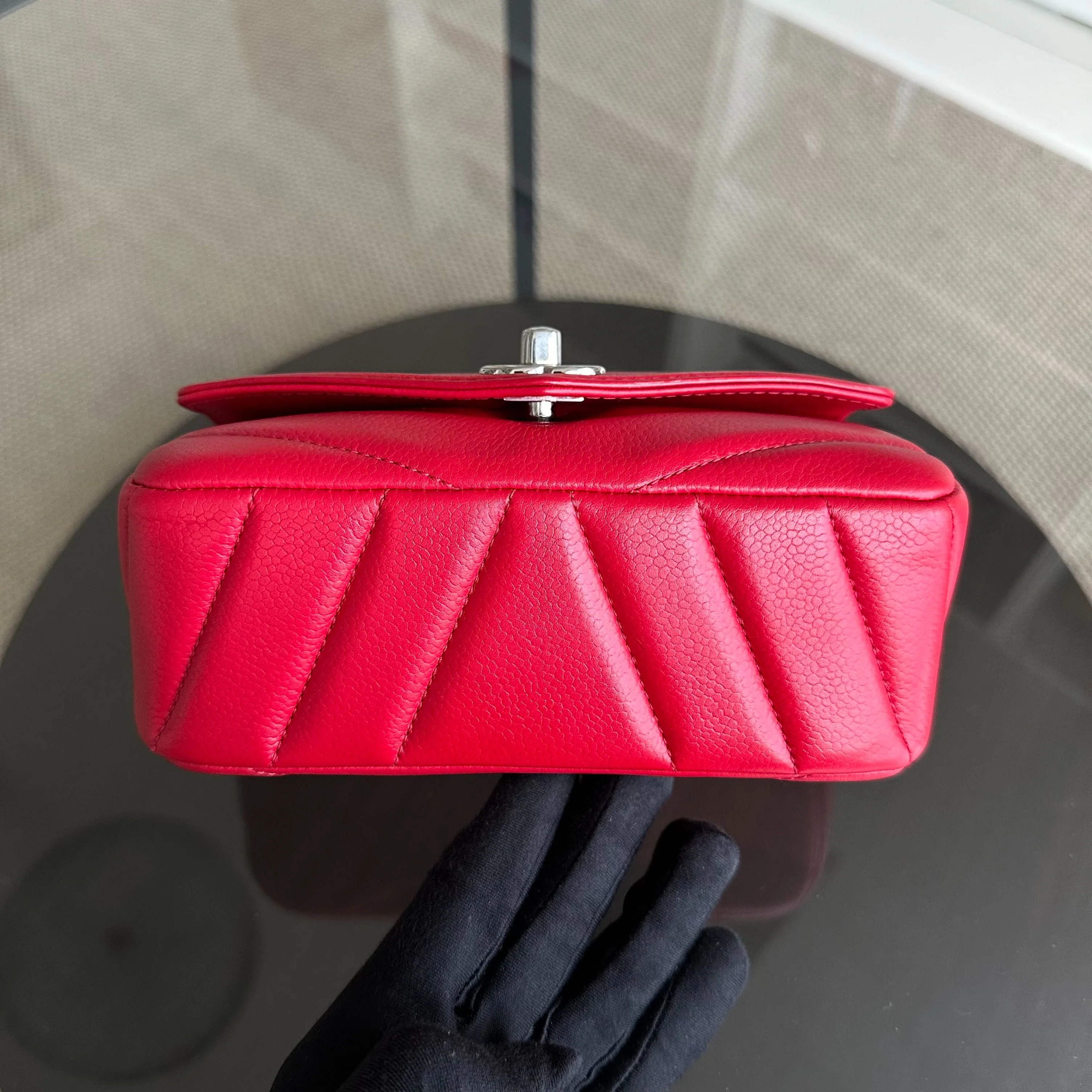 Chanel Caviar V Stitch Chevron Mini Square Seasonal Flap Red SHW No 24 - Best Luxury Designers