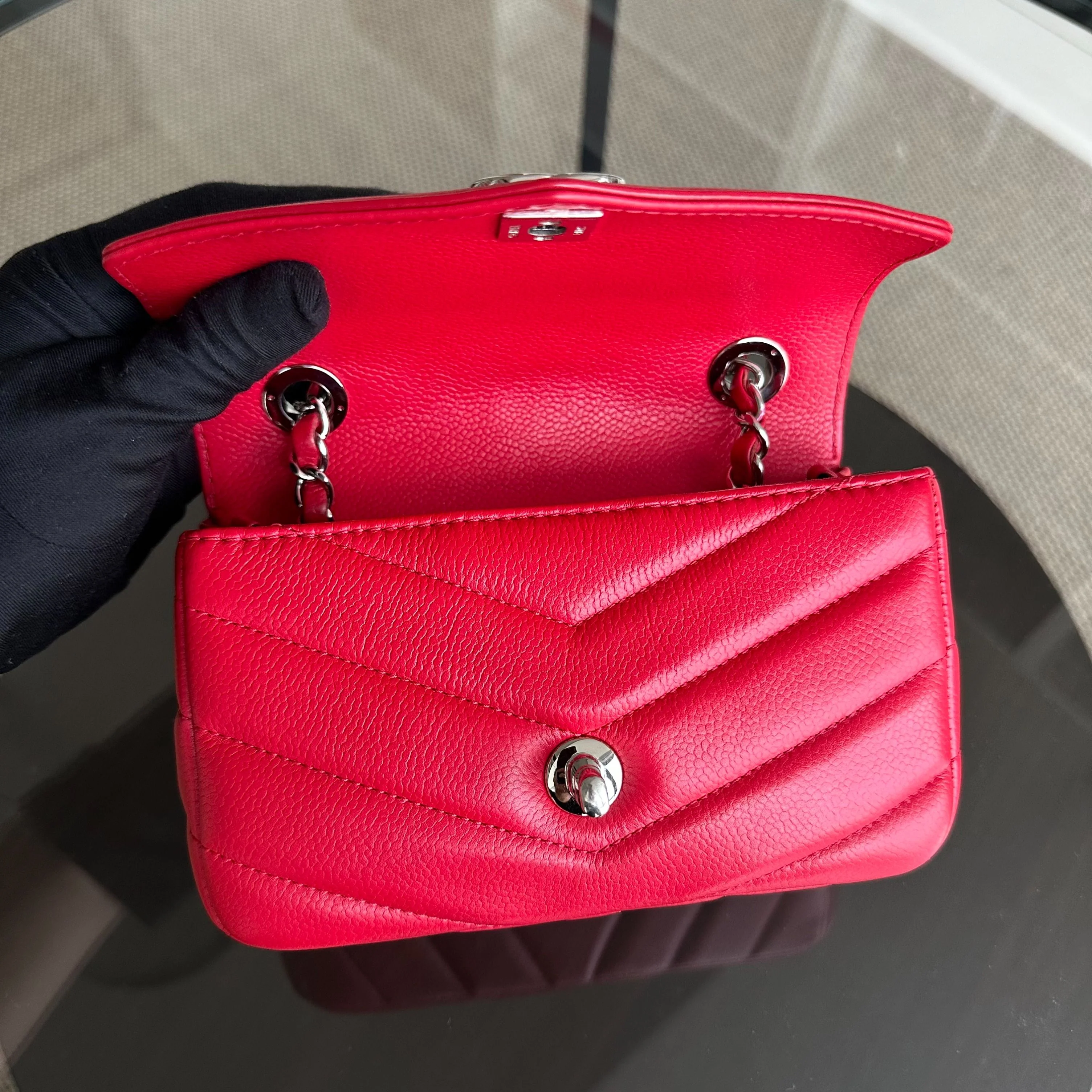 Chanel Caviar V Stitch Chevron Mini Square Seasonal Flap Red SHW No 24 - Best Luxury Designers