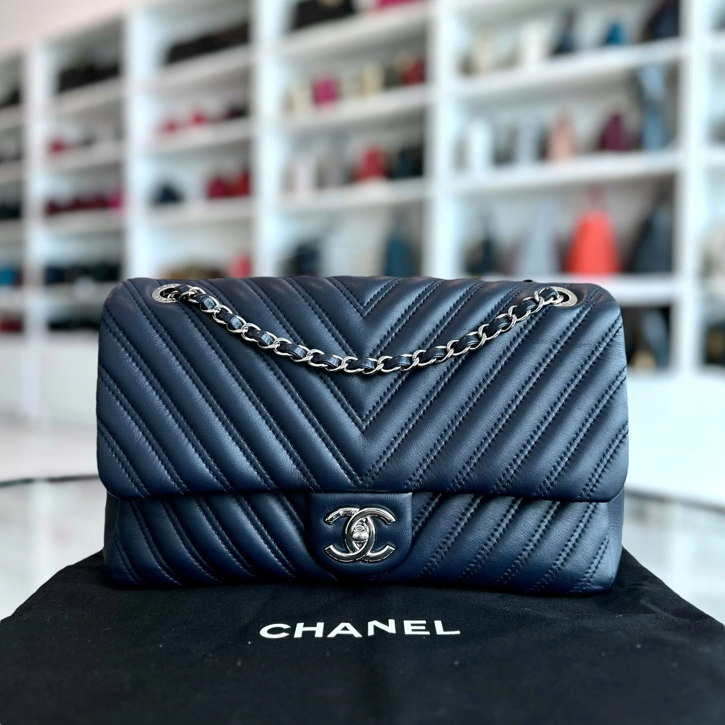 Chanel Chevron Classic Seasonal Jumbo Flap 30CM Lambskin Dark Blue SHW No 21 - Best Luxury Designers
