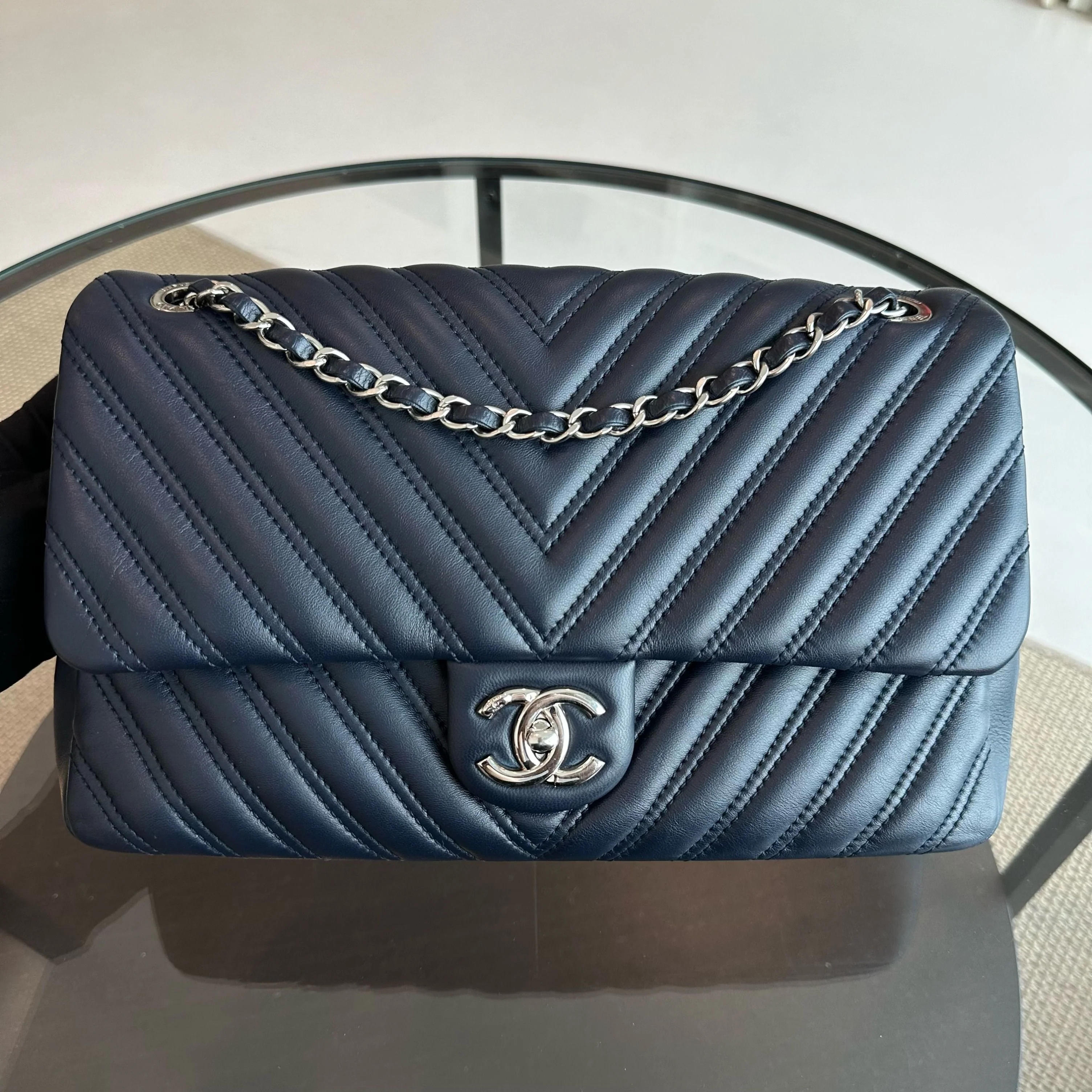 Chanel Chevron Classic Seasonal Jumbo Flap 30CM Lambskin Dark Blue SHW No 21 - Best Luxury Designers