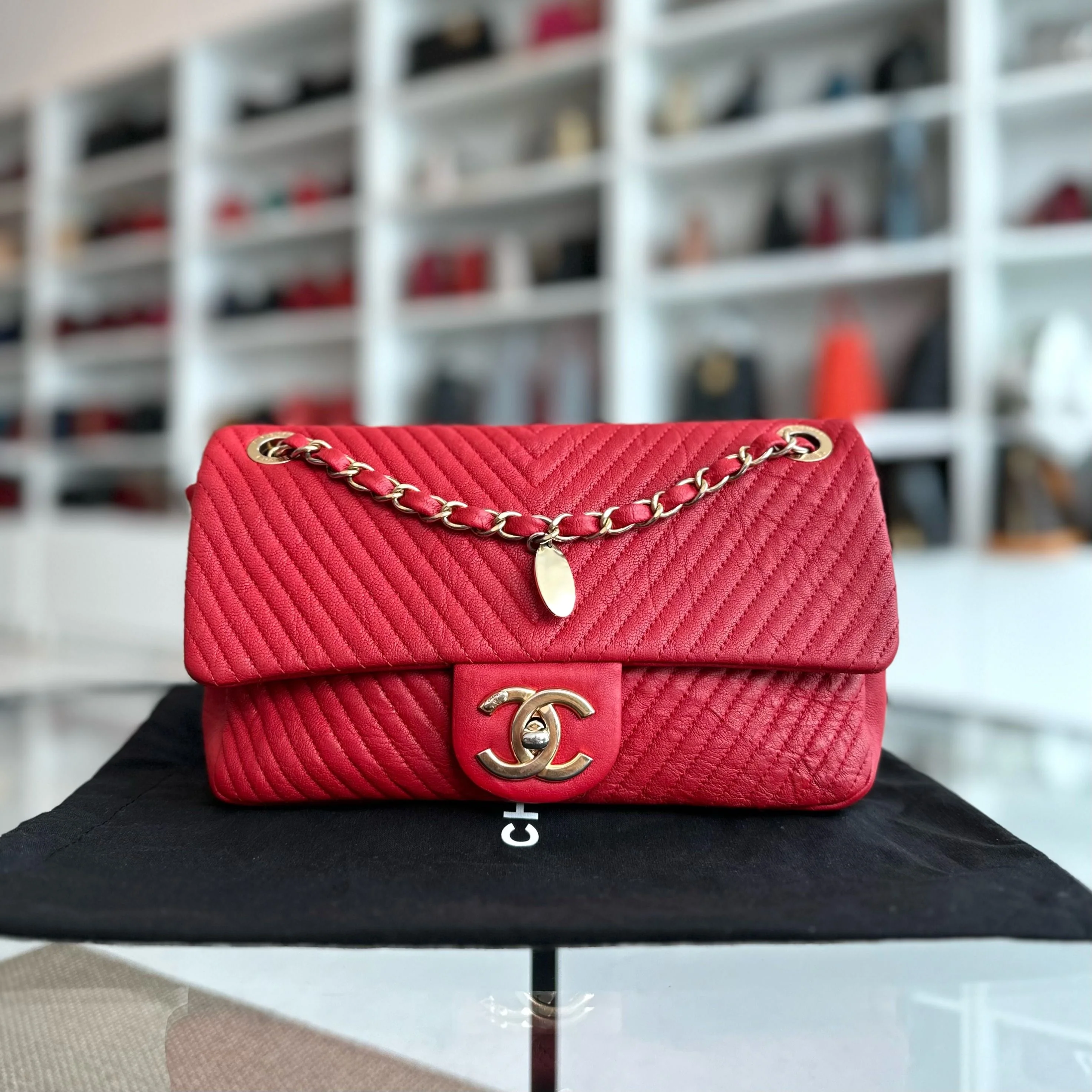 Chanel Chevron Herringbone Medallion Seasonal Flap Red Calfskin AGHW No 21 - Best Luxury Designers