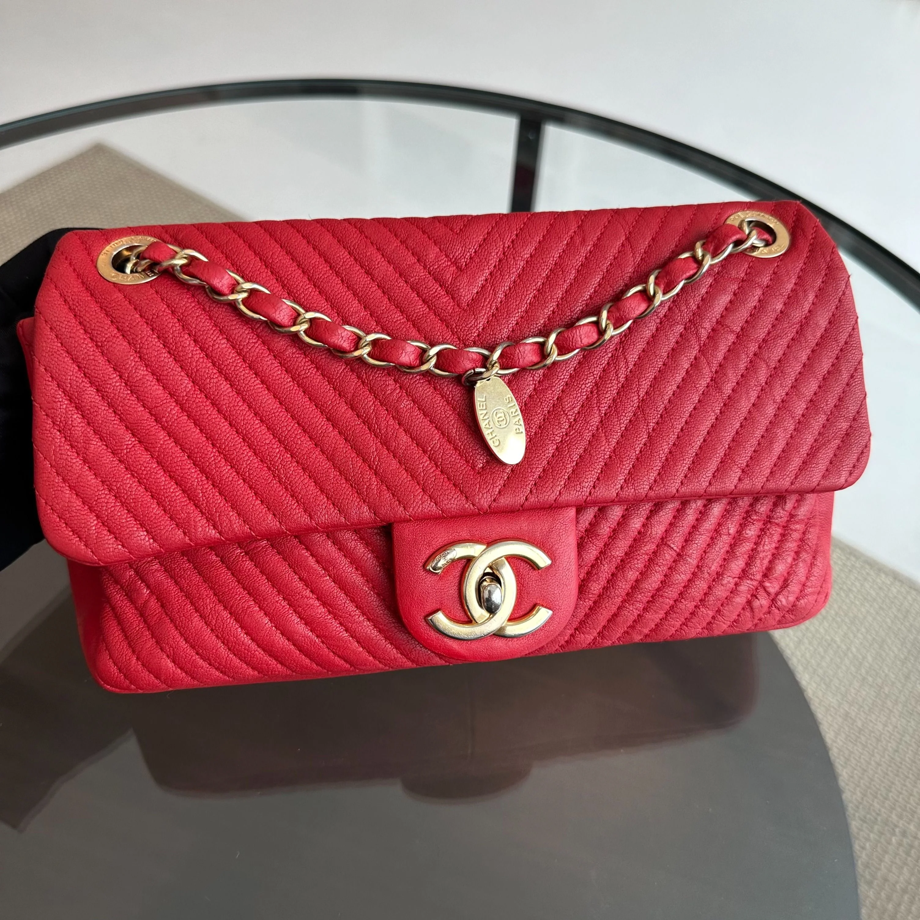 Chanel Chevron Herringbone Medallion Seasonal Flap Red Calfskin AGHW No 21 - Best Luxury Designers