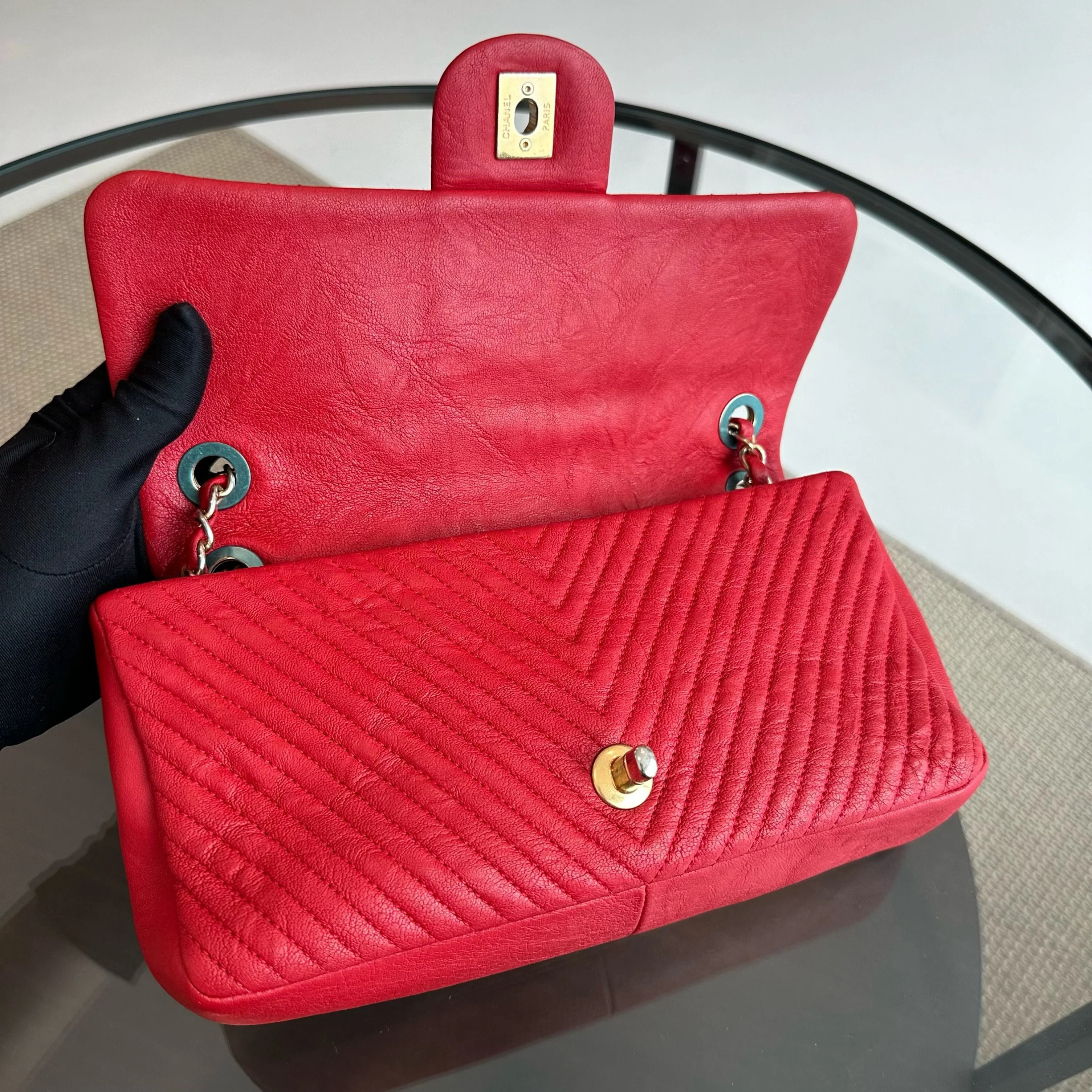 Chanel Chevron Herringbone Medallion Seasonal Flap Red Calfskin AGHW No 21 - Best Luxury Designers