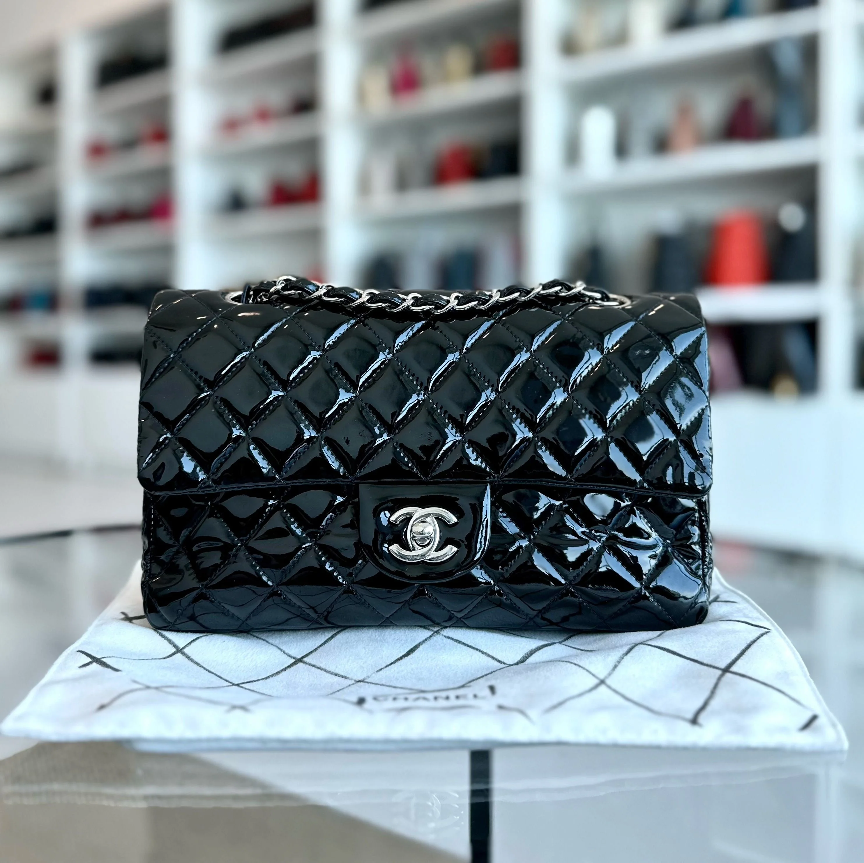Chanel Classic Flap Medium Double Flap Patent Leather Quilted Black SHW - Best Luxury Designers