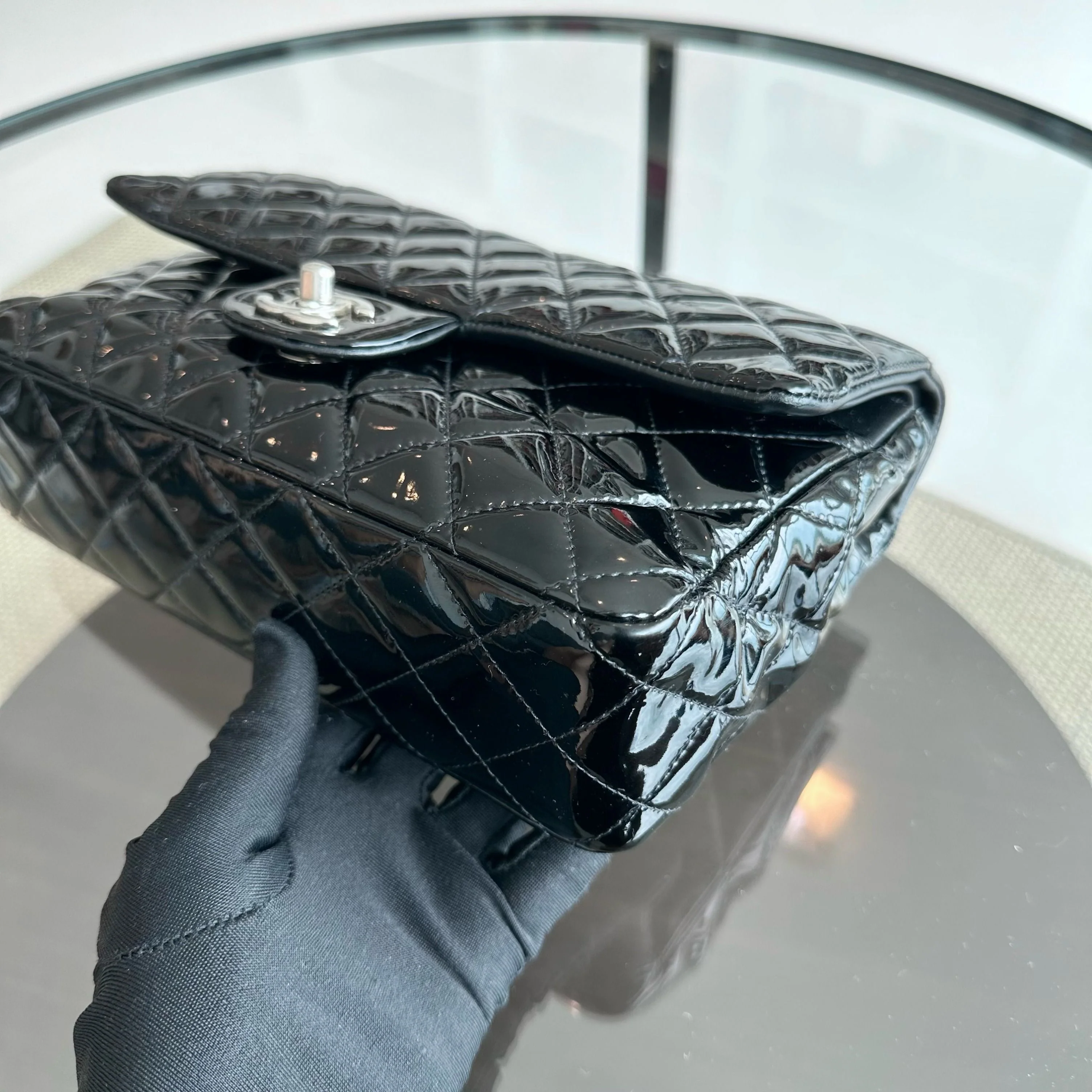 Chanel Classic Flap Medium Double Flap Patent Leather Quilted Black SHW - Best Luxury Designers