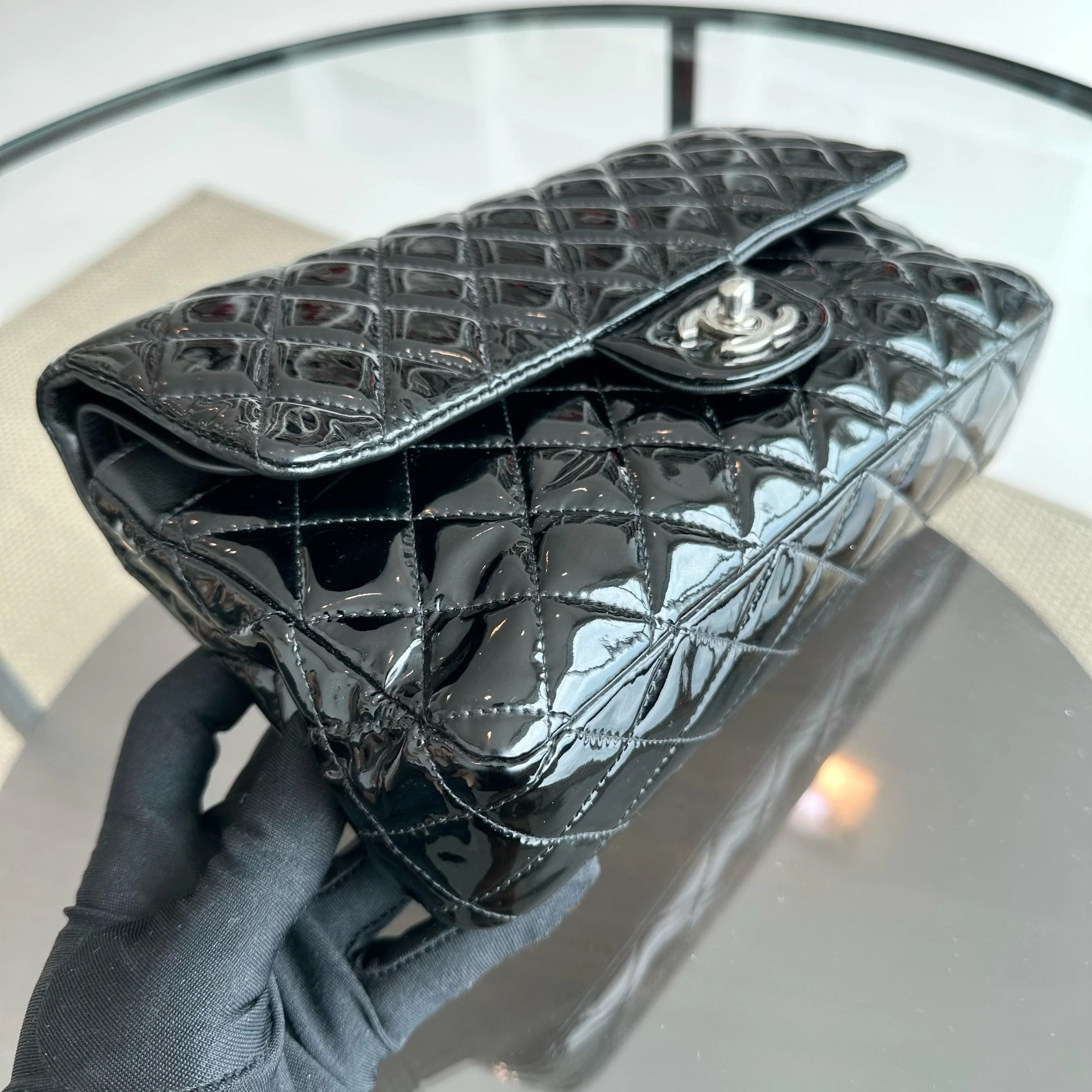 Chanel Classic Flap Medium Double Flap Patent Leather Quilted Black SHW - Best Luxury Designers